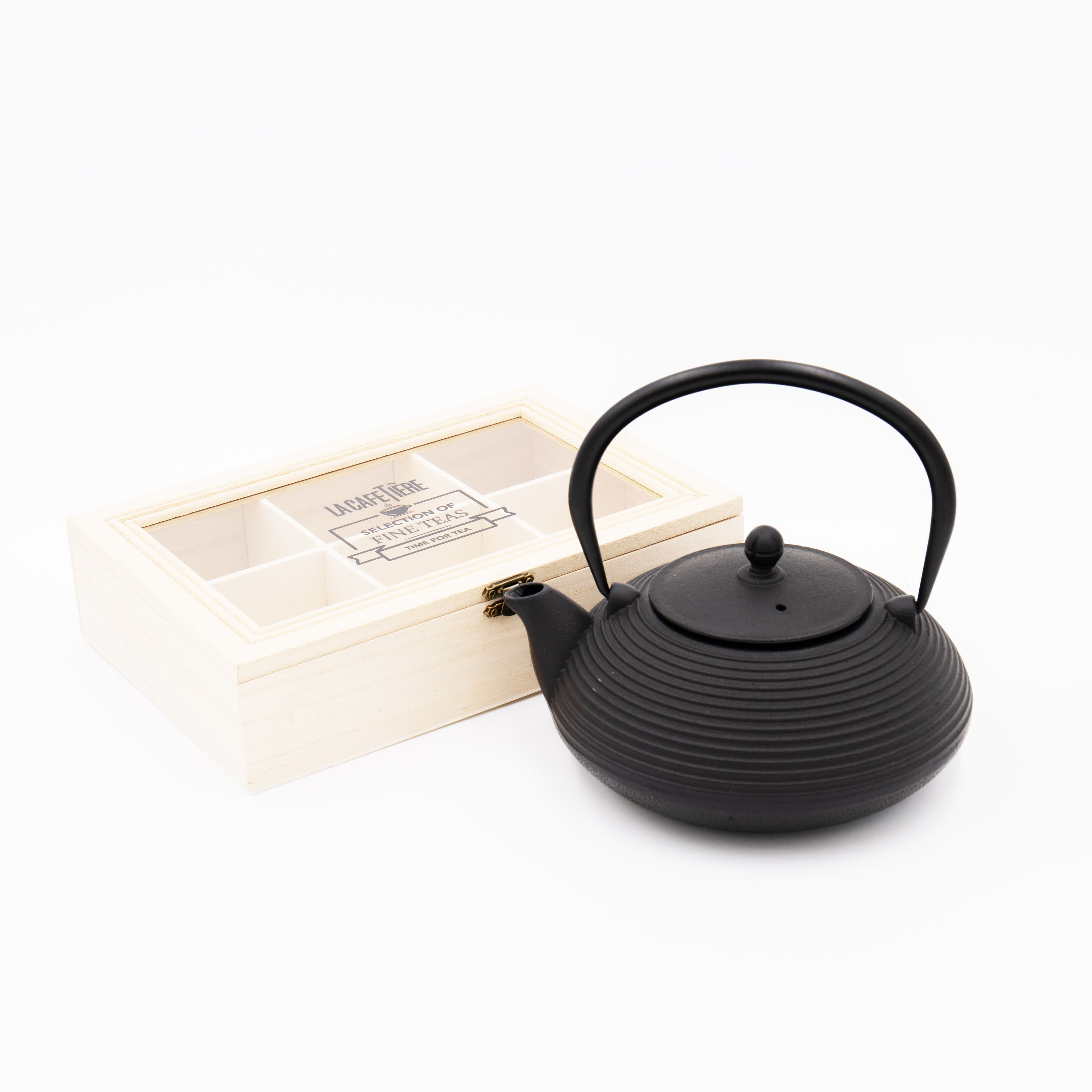2pc Tea Set including Large Cast Iron Japanese Teapot Infuser Wooden Compartment Tea Box