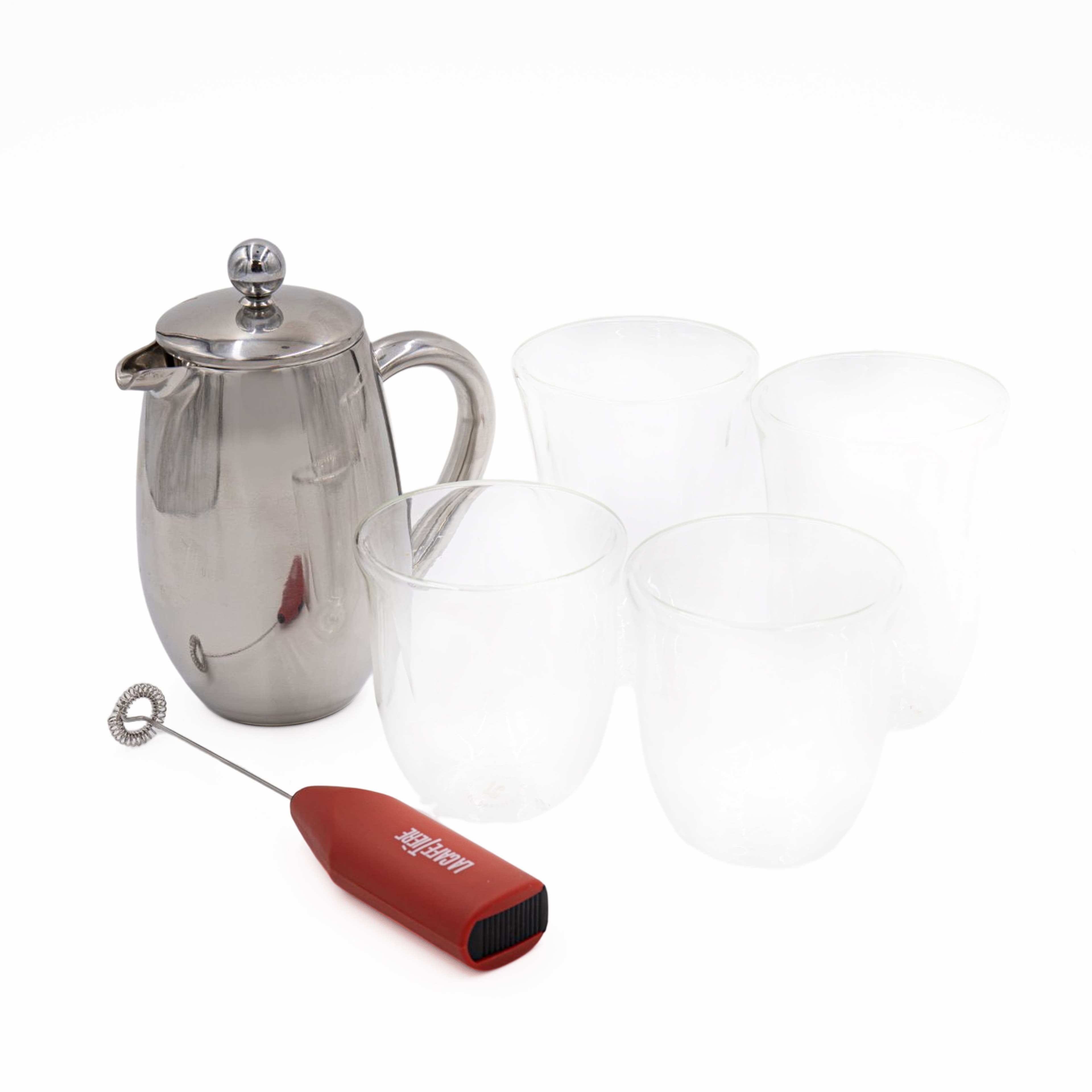 6pc Coffee Set 3 Cup Stainless Steel French Press 2x Latte Glasses 2x Cappuccino Cups Battery Milk Frother