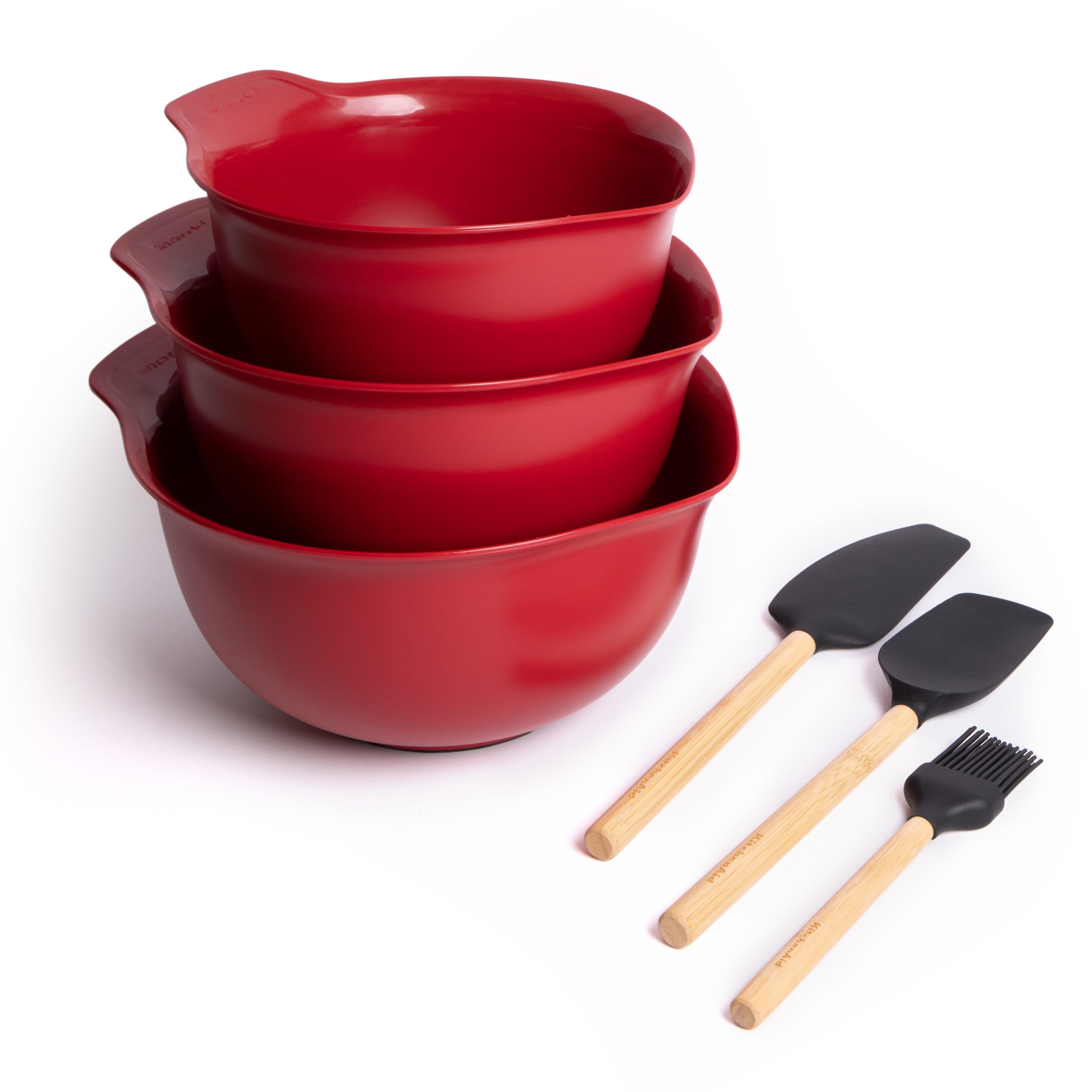 6pc Baking Set with Bamboo & Silicone Spatula, Mixer Spatula, Pastry Brush and 3x Red Nesting Mixing Bowls with Non-Slip Bases