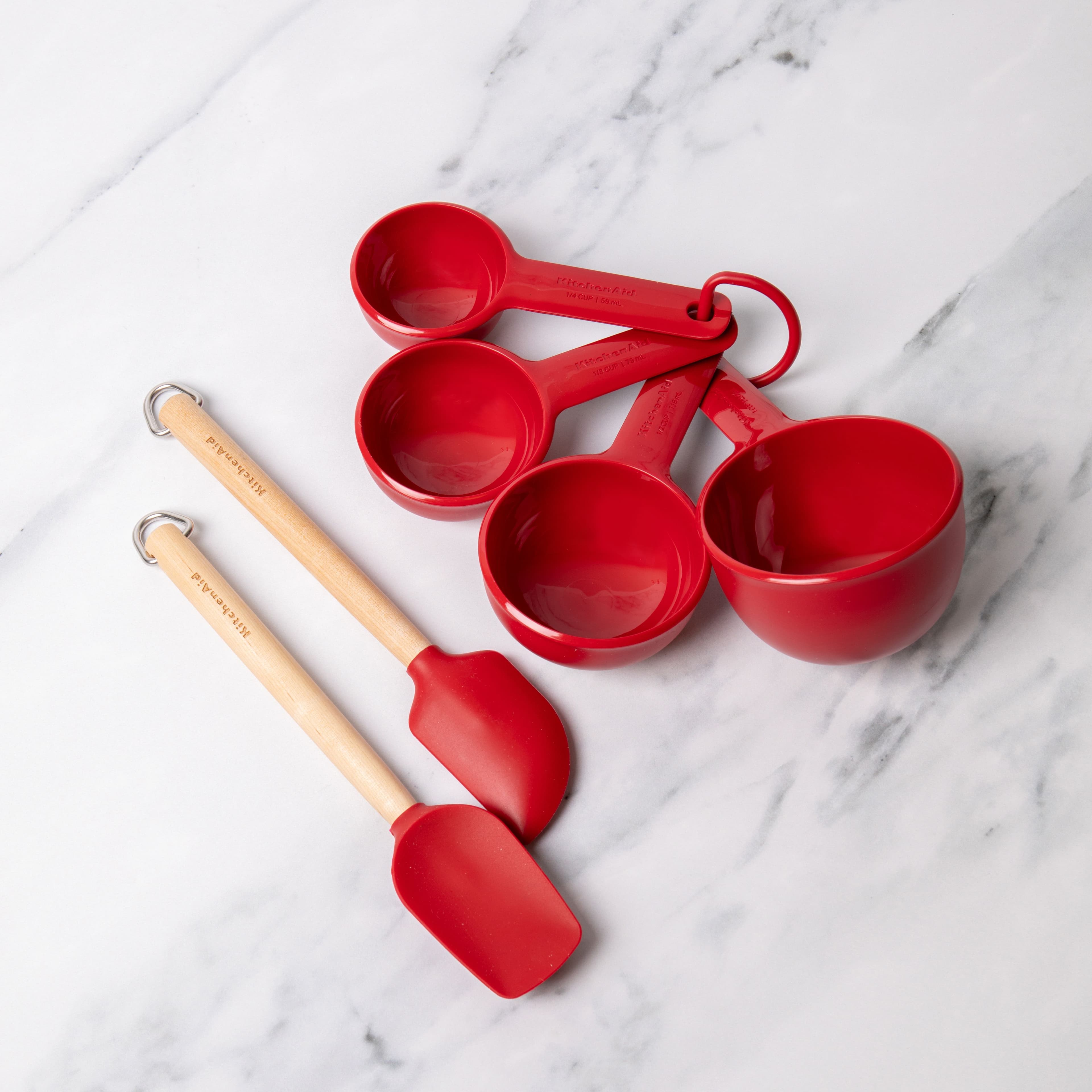 6pc Red Kitchen Set with 2x Mini Birchwood & Silicone Spatulas and 4x Measuring Cups - 1/4,1/3,1/2 and 1 Cup Sizes