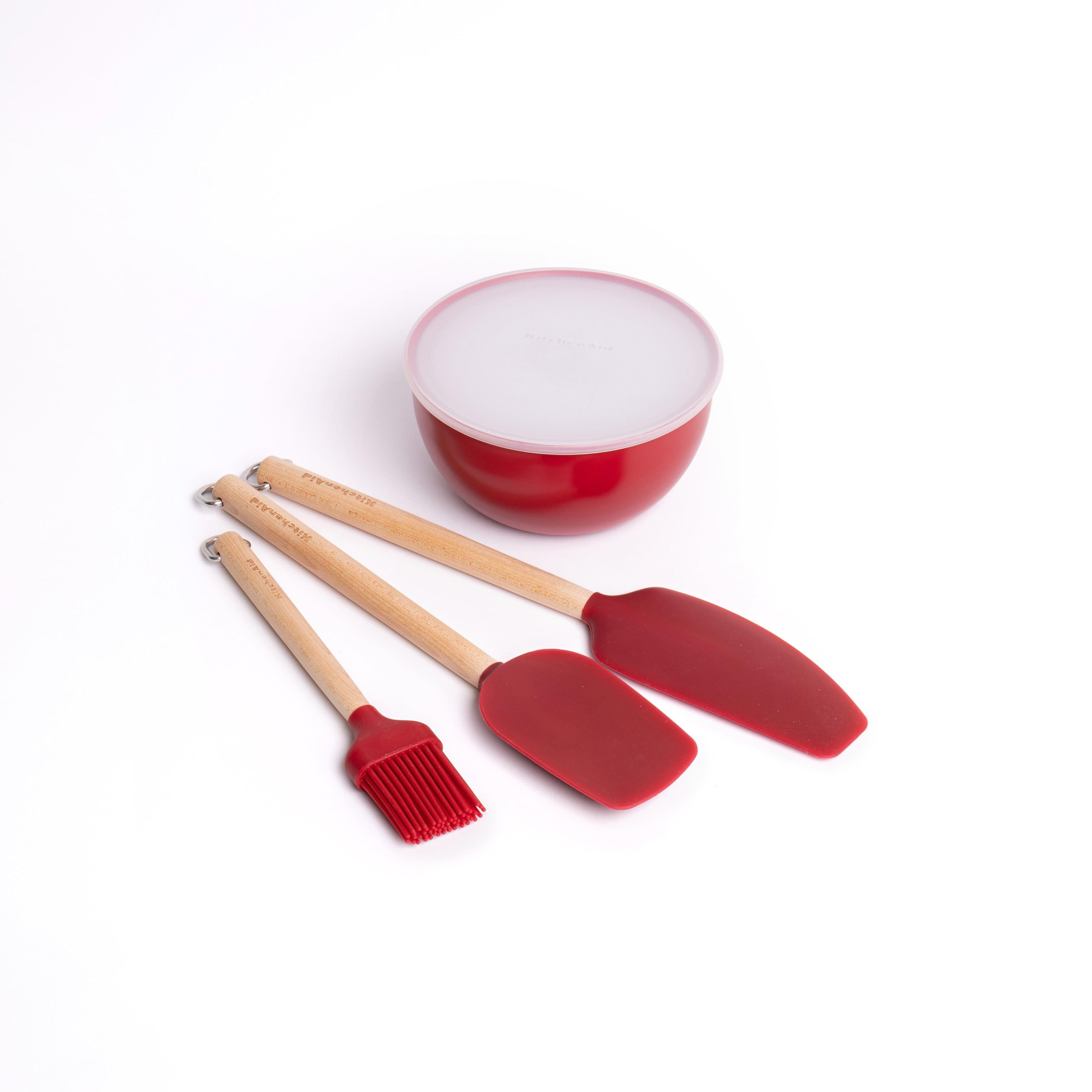 7pc Kitchen Set with 3x Birchwood & Silicone Spatulas and 4x Nesting Meal Prep Bowls, Red