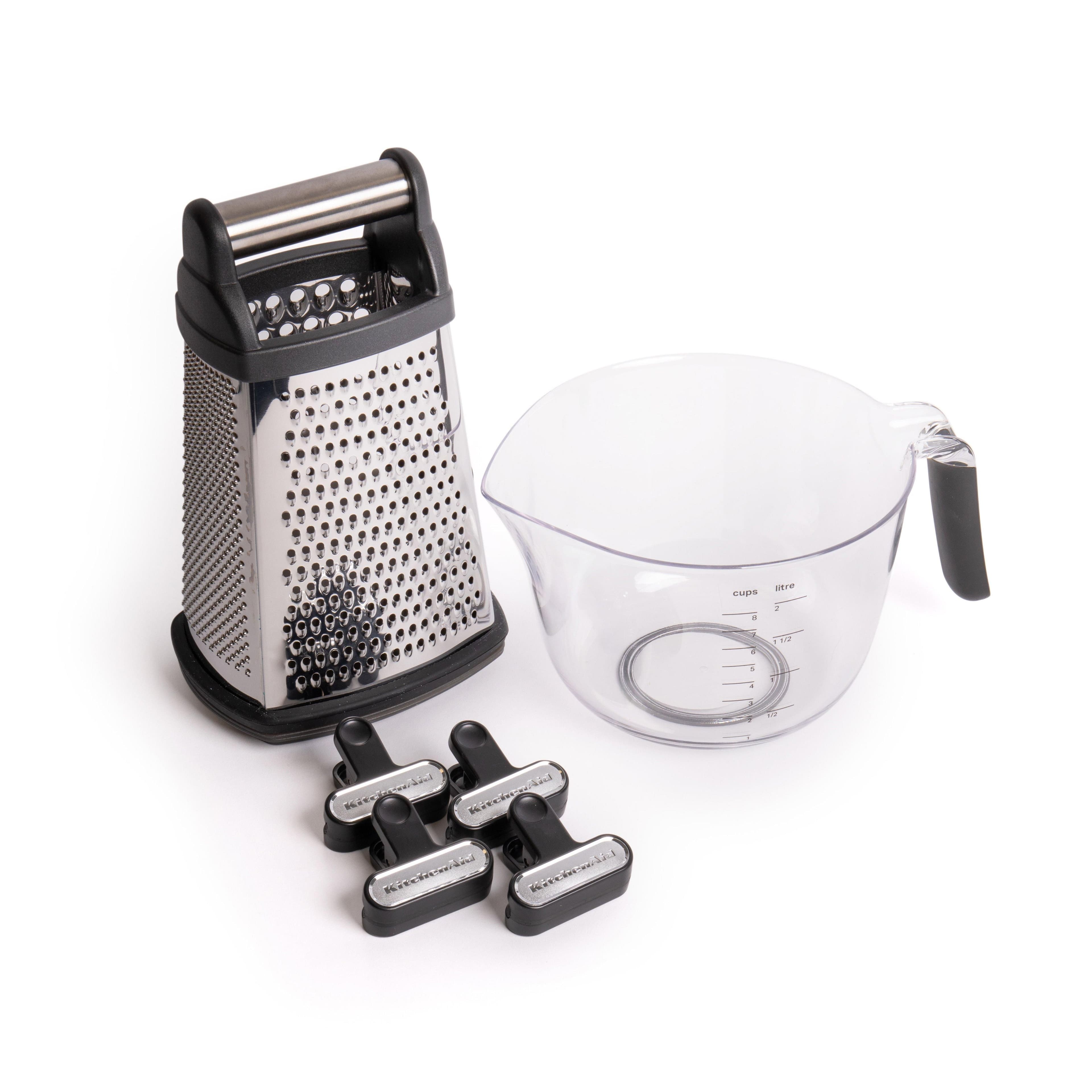 6pc Kitchen Tool Set with Stainless Steel Universal Box Grater, Clear Measuring Jug with Handle & 4x Onyx Black Bag Clips
