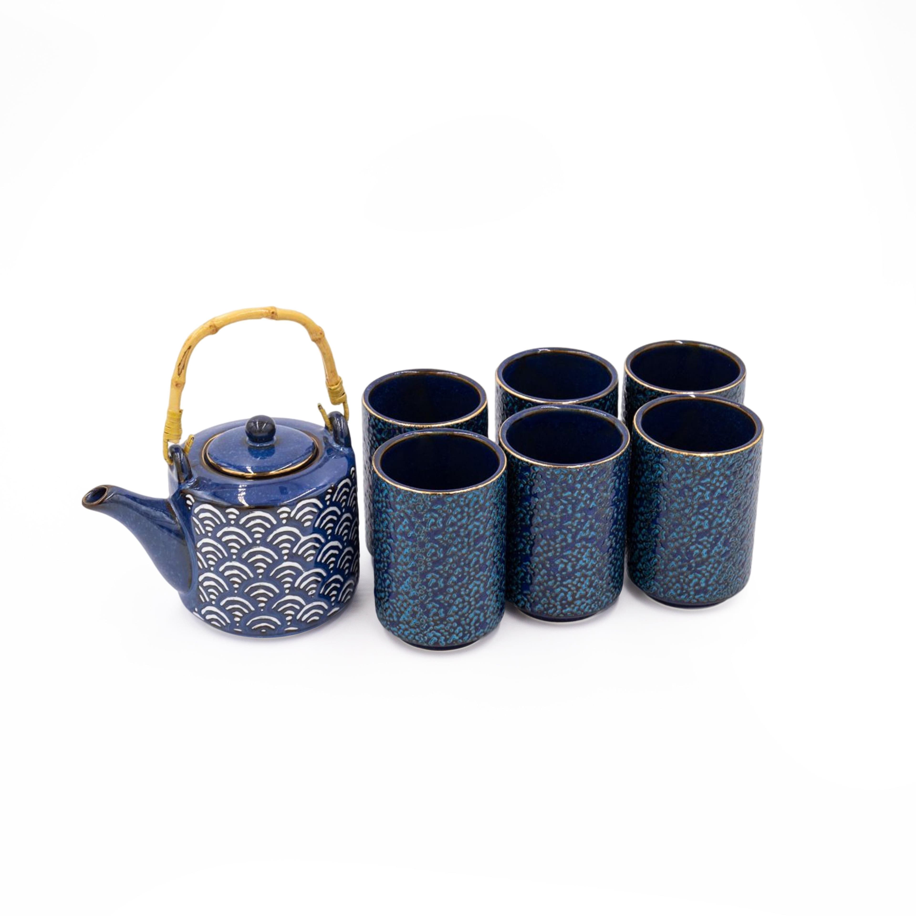 7pc Porcelain Tea Set 540mlTeapot Bamboo Handle 6x Indigo Cups Satori