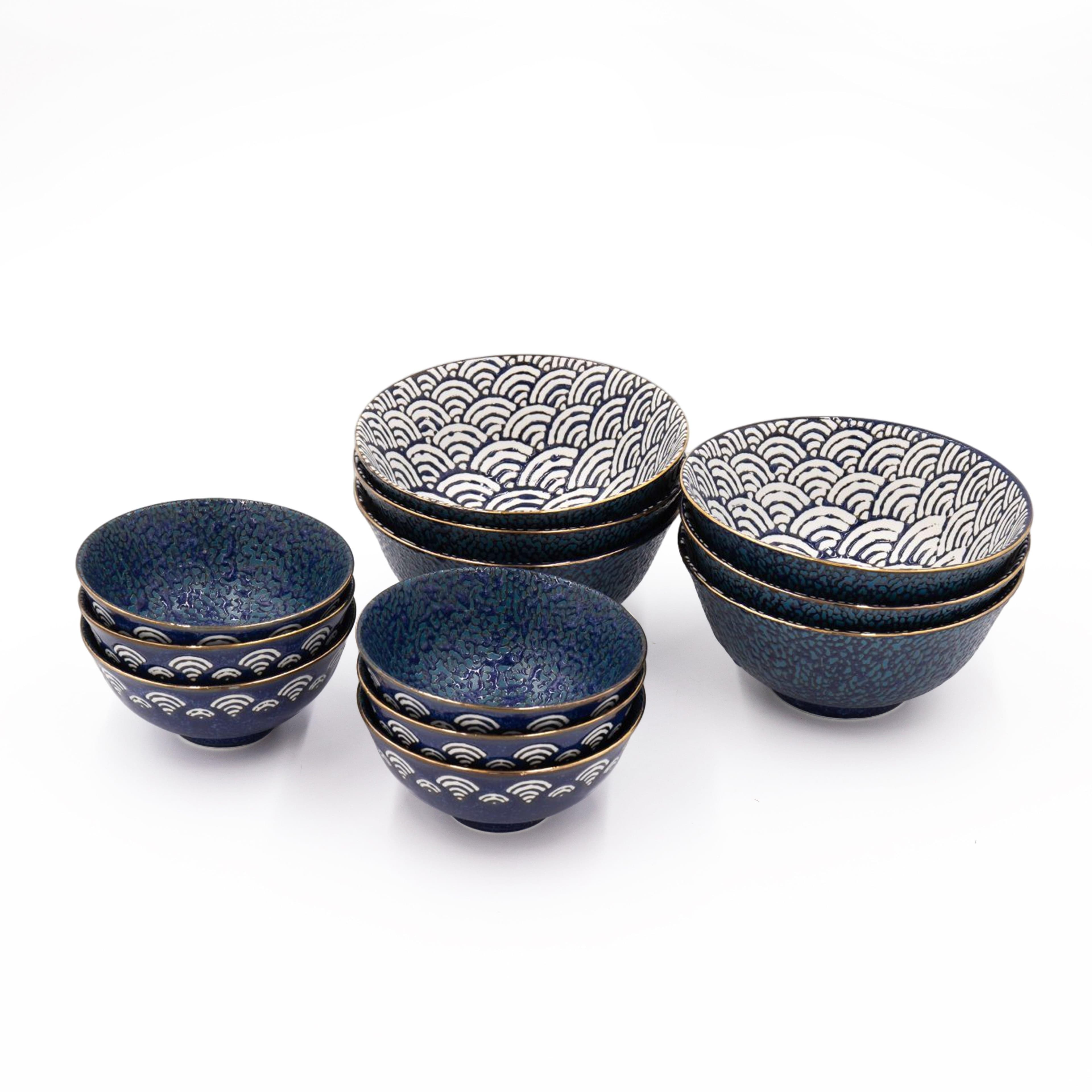 12pc Porcelain Bowl Set including 6x Seigaiha Border Miso Serve Bowls 6x Rice Bowls Satori