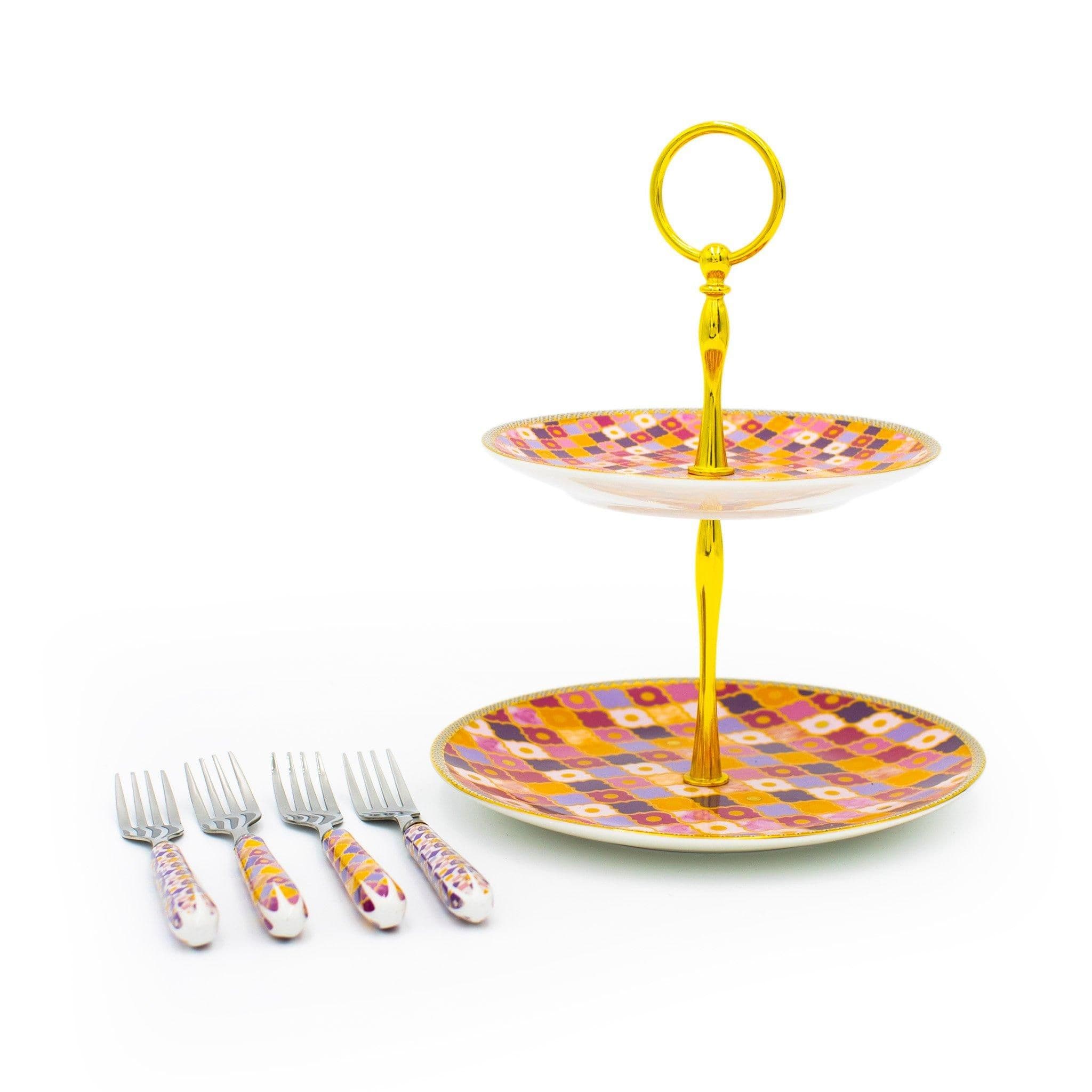 5pc China Tea Set 2 Tier Cup Cake Stand 4x Forks Teas & Cs Kasbah