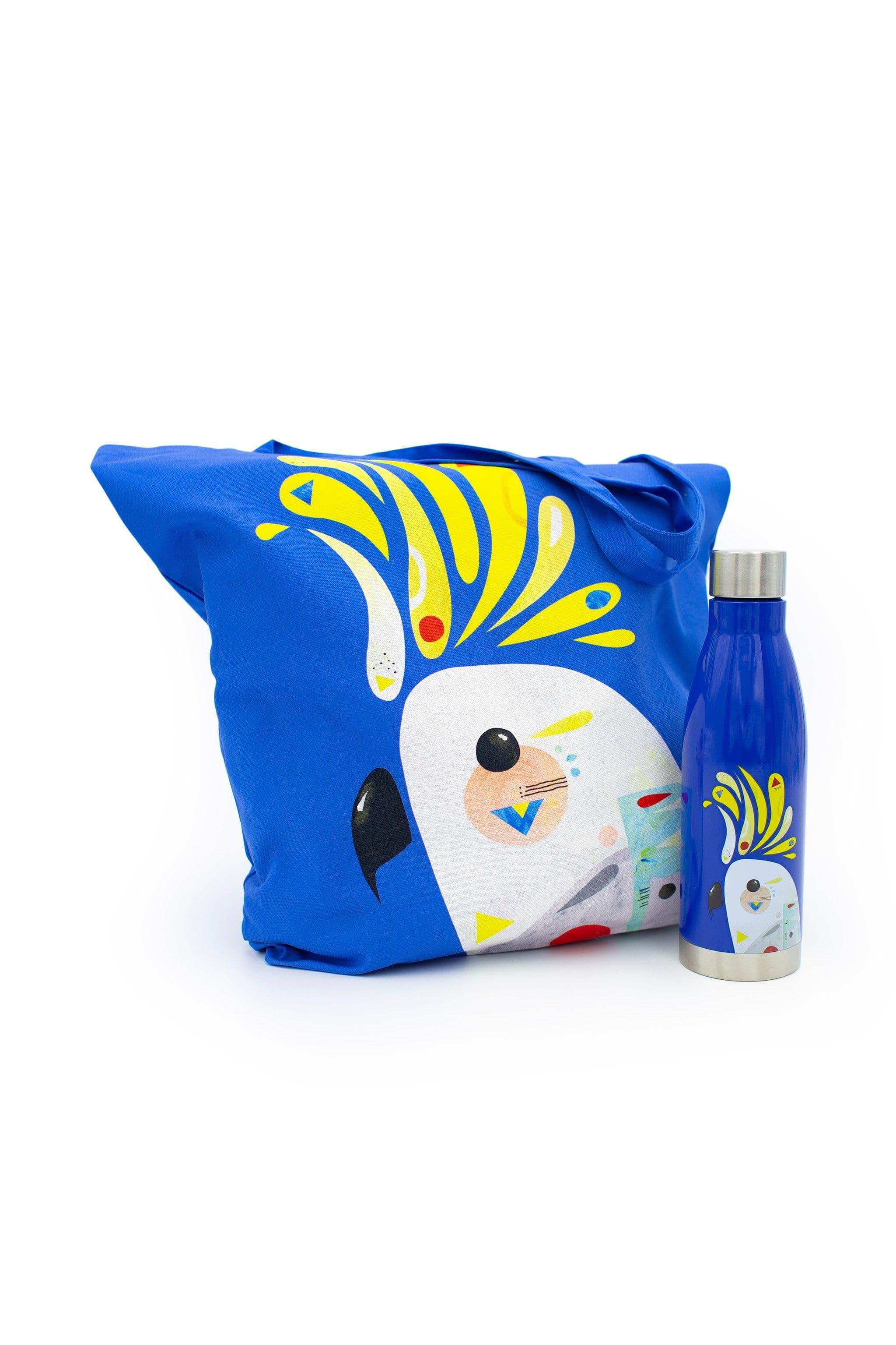 2pc Cockatoo Hydration Travel Set Double Walled Insulated Bottle Cotton Tote Bag