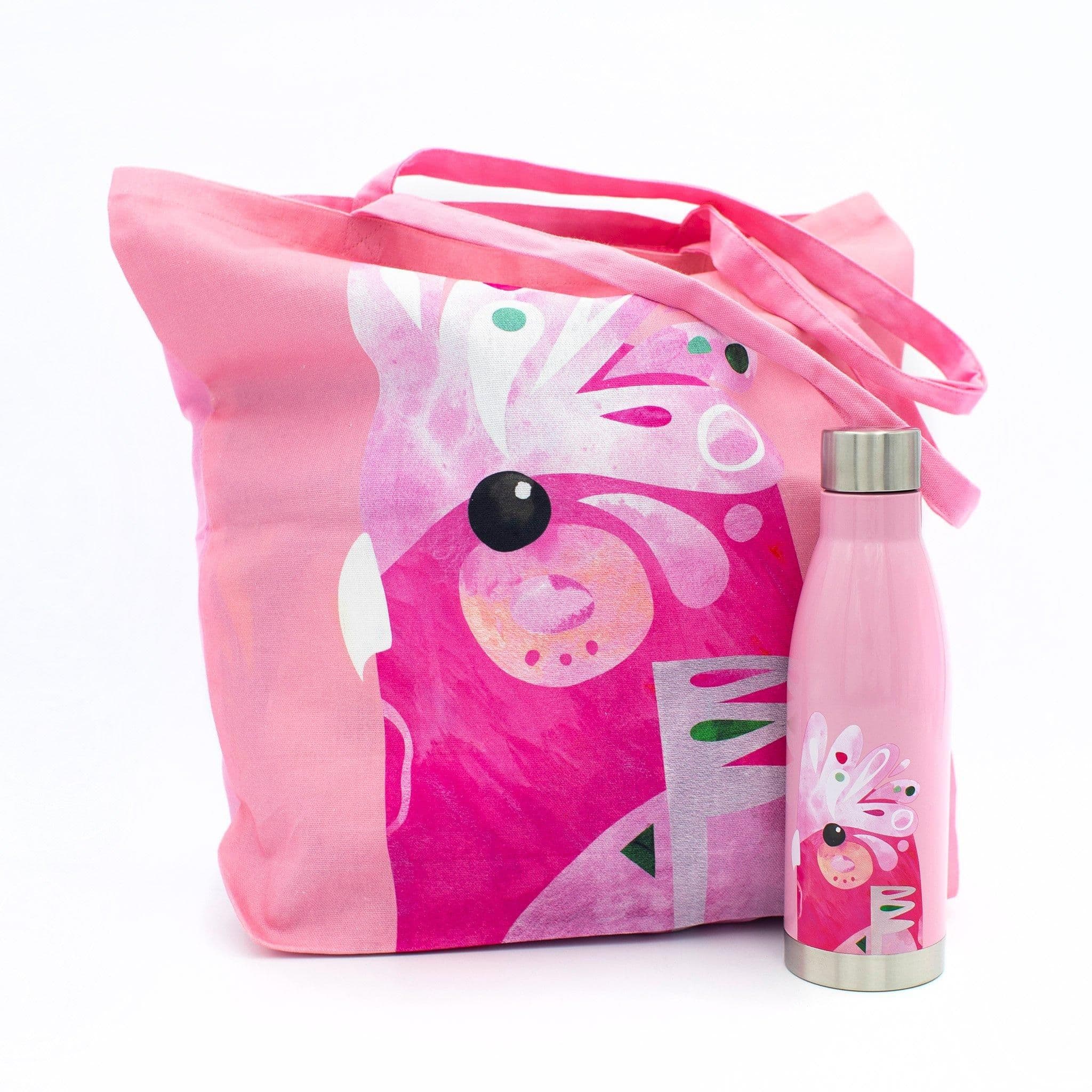 2pc Galah Hydration Travel Set Double Walled Insulated Bottle Cotton Tote Bag