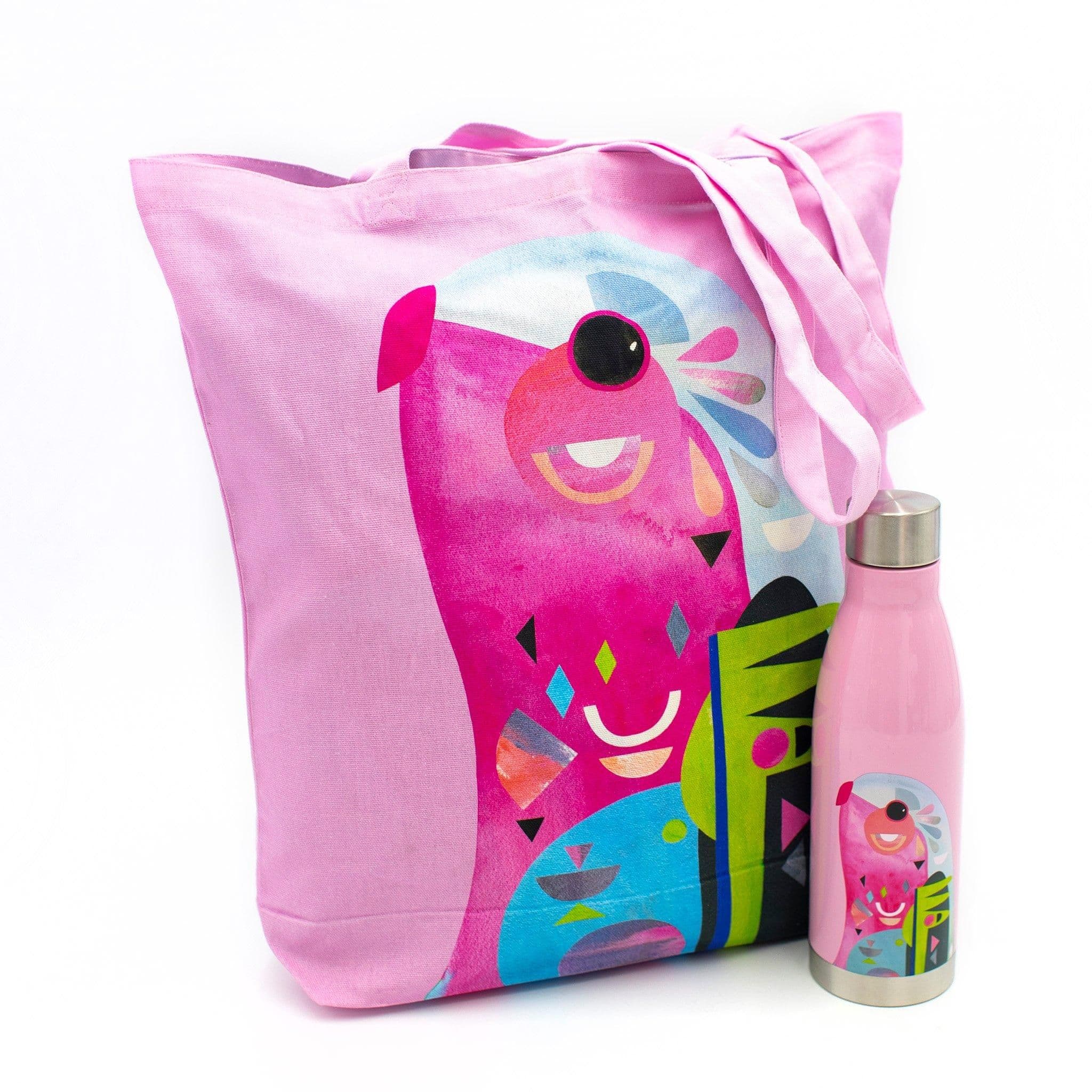 2pc Parrot Hydration Travel Set Double Walled Insulated Bottle Cotton Tote Bag
