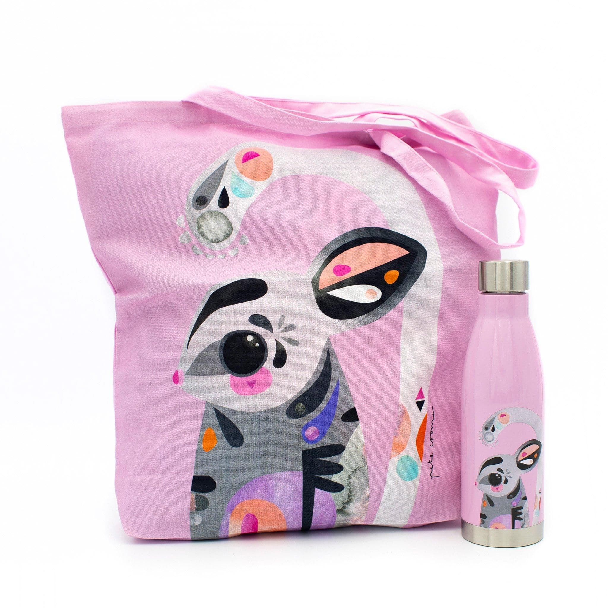 2pc Sugar Glider Hydration Travel Set Double Walled Insulated Bottle Cotton Tote Bag