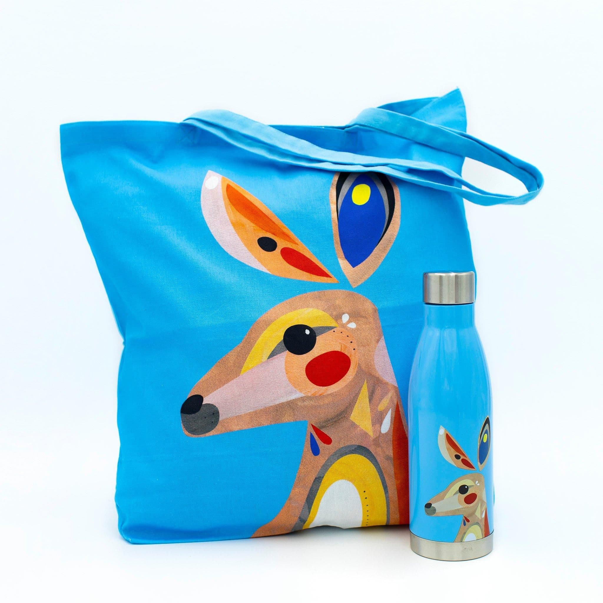 2pc Kangaroo Hydration Travel Set Double Walled Insulated Bottle Cotton Tote Bag