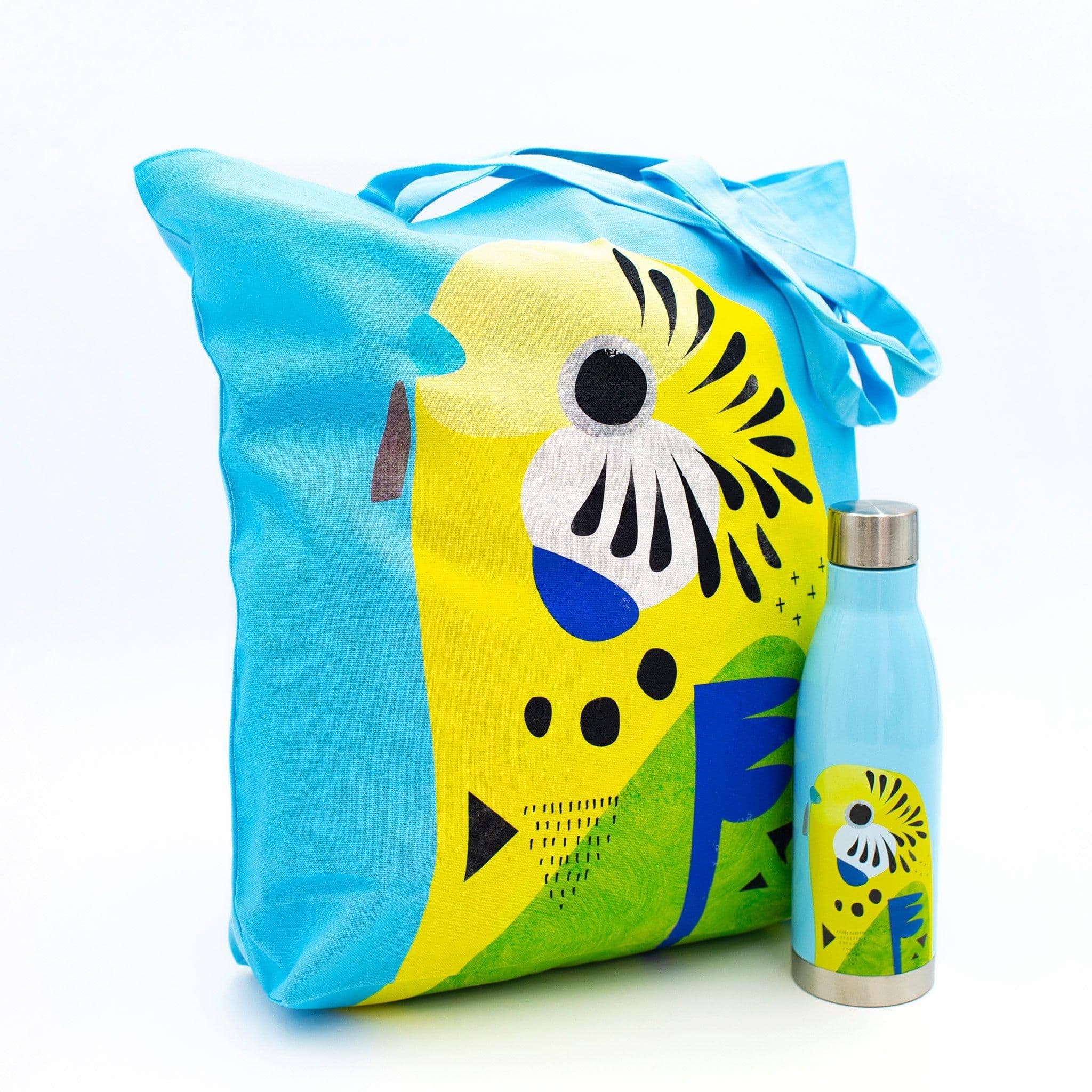 2pc Budgerigar Hydration Travel Set Double Walled Insulated Bottle Cotton Tote Bag