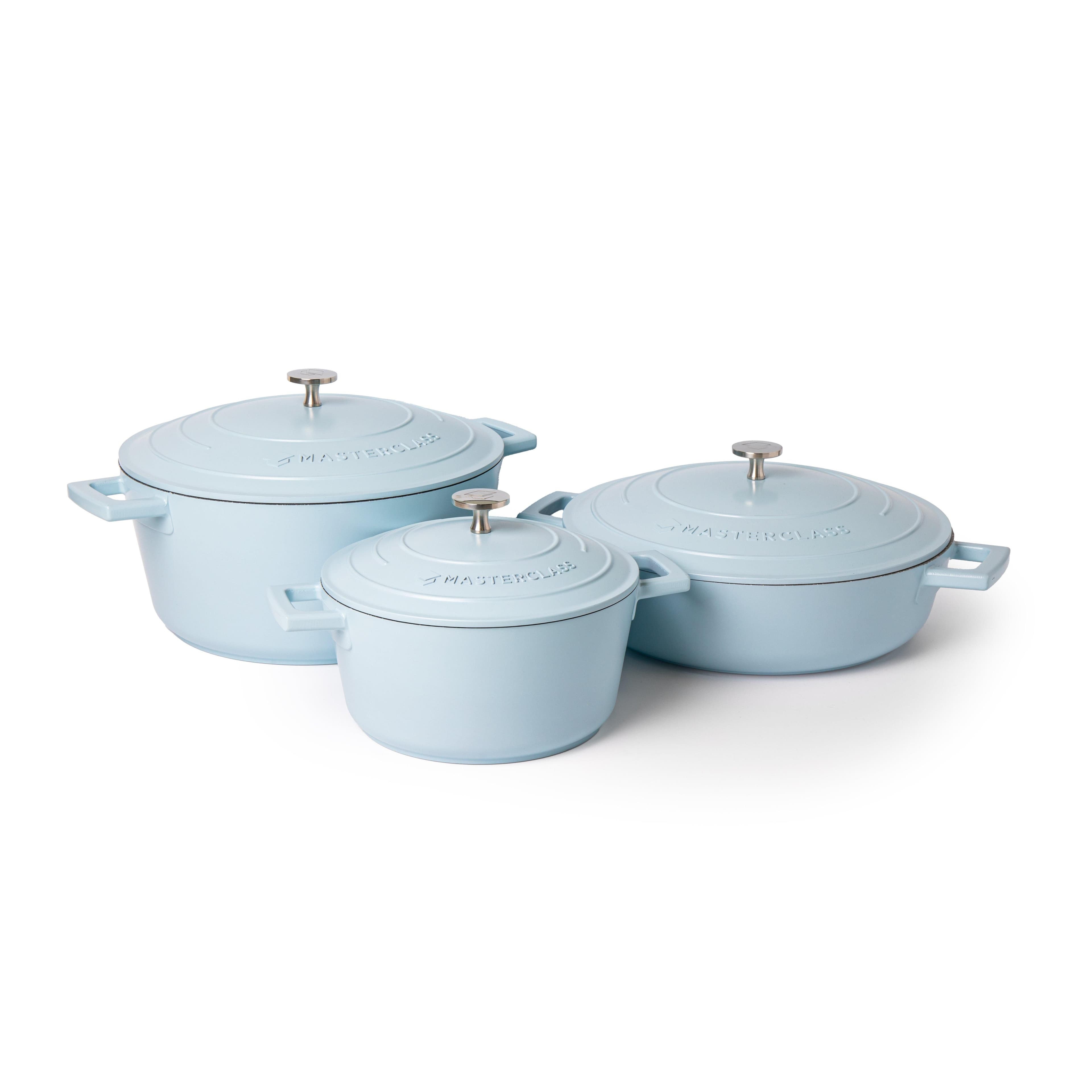 3pc Cast Aluminium Casserole Dish Set 2x Non Stick Casserole Dishes 2.5L 5L 4L Shallow Casserole Dish Light Blue