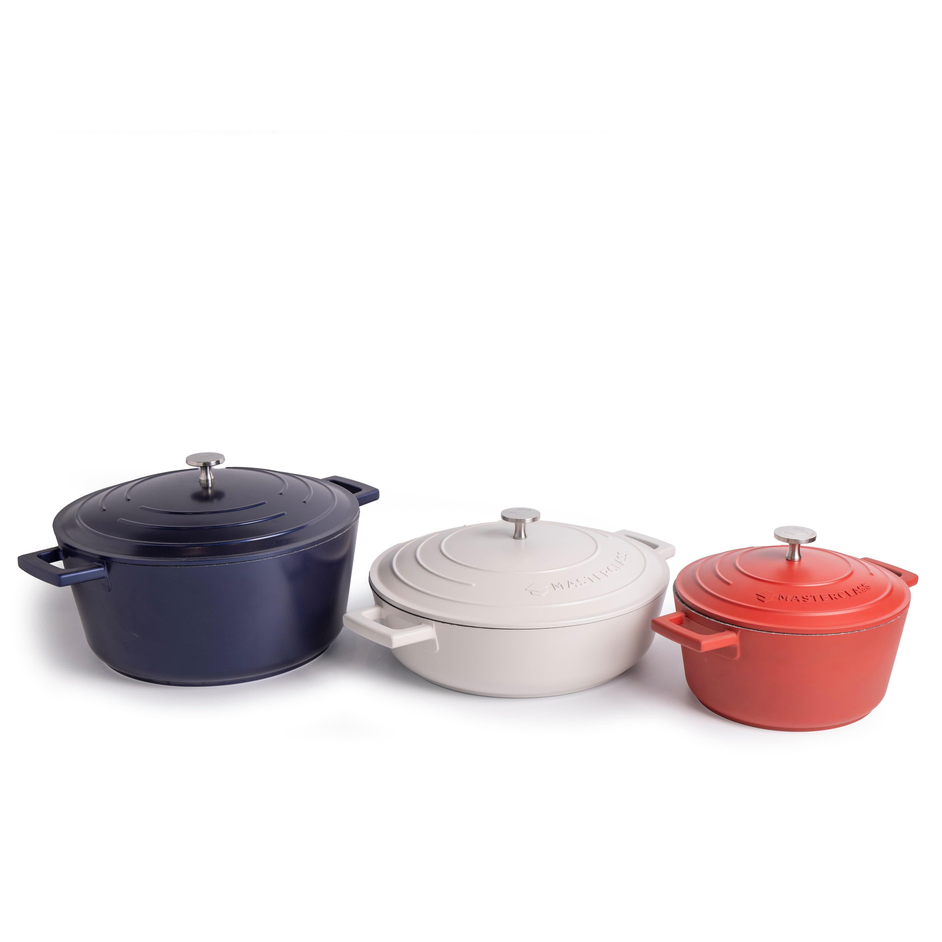 3pc Cast Aluminium Casserole Dish Set Red Casserole Dish 4L Cream Shallow Casserole Dish & 5L Casserole Dish