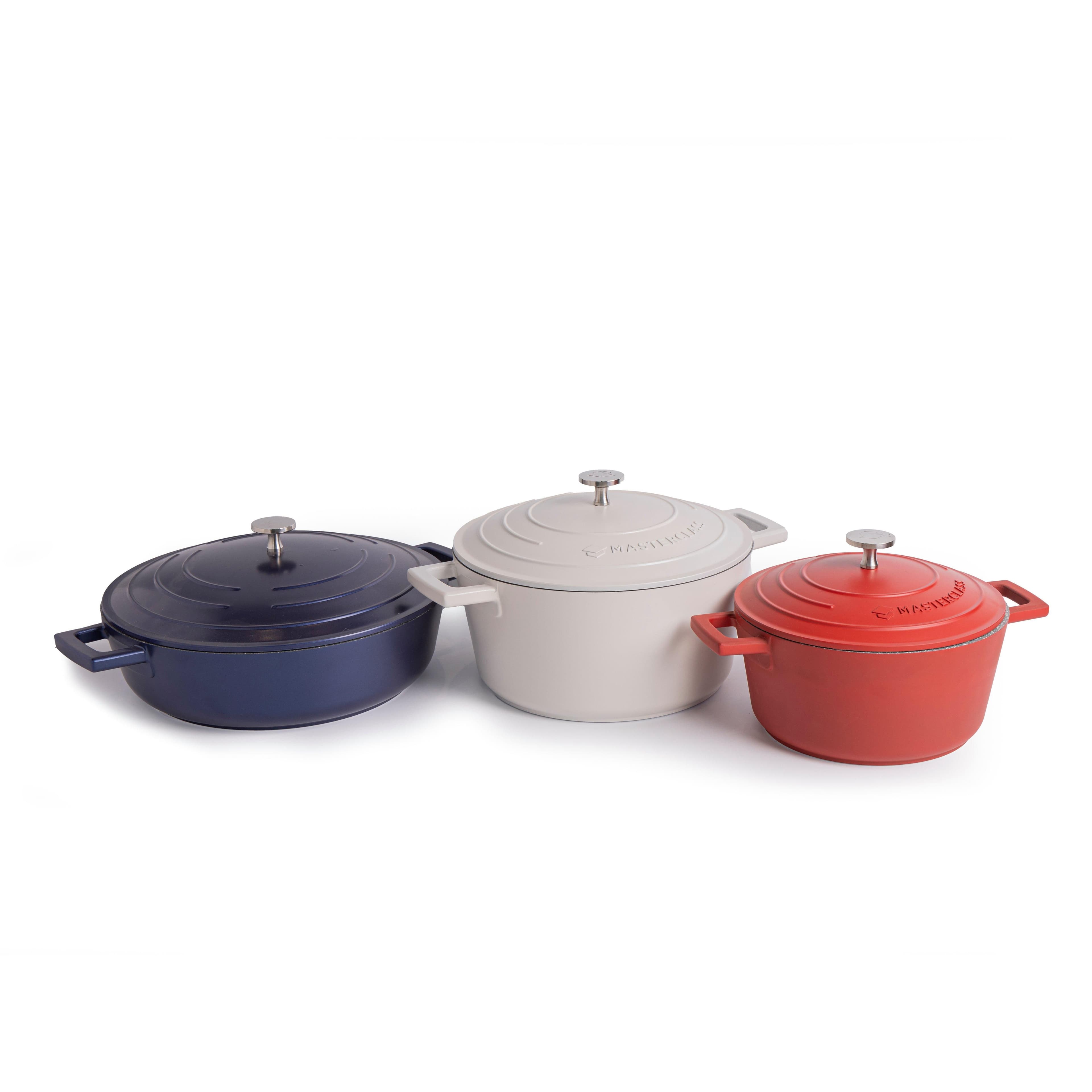 3pc Cast Aluminium Casserole Dish Set Red Casserole Dish 4L Cream Casserole Dish & 4L Shallow Casserole Dish