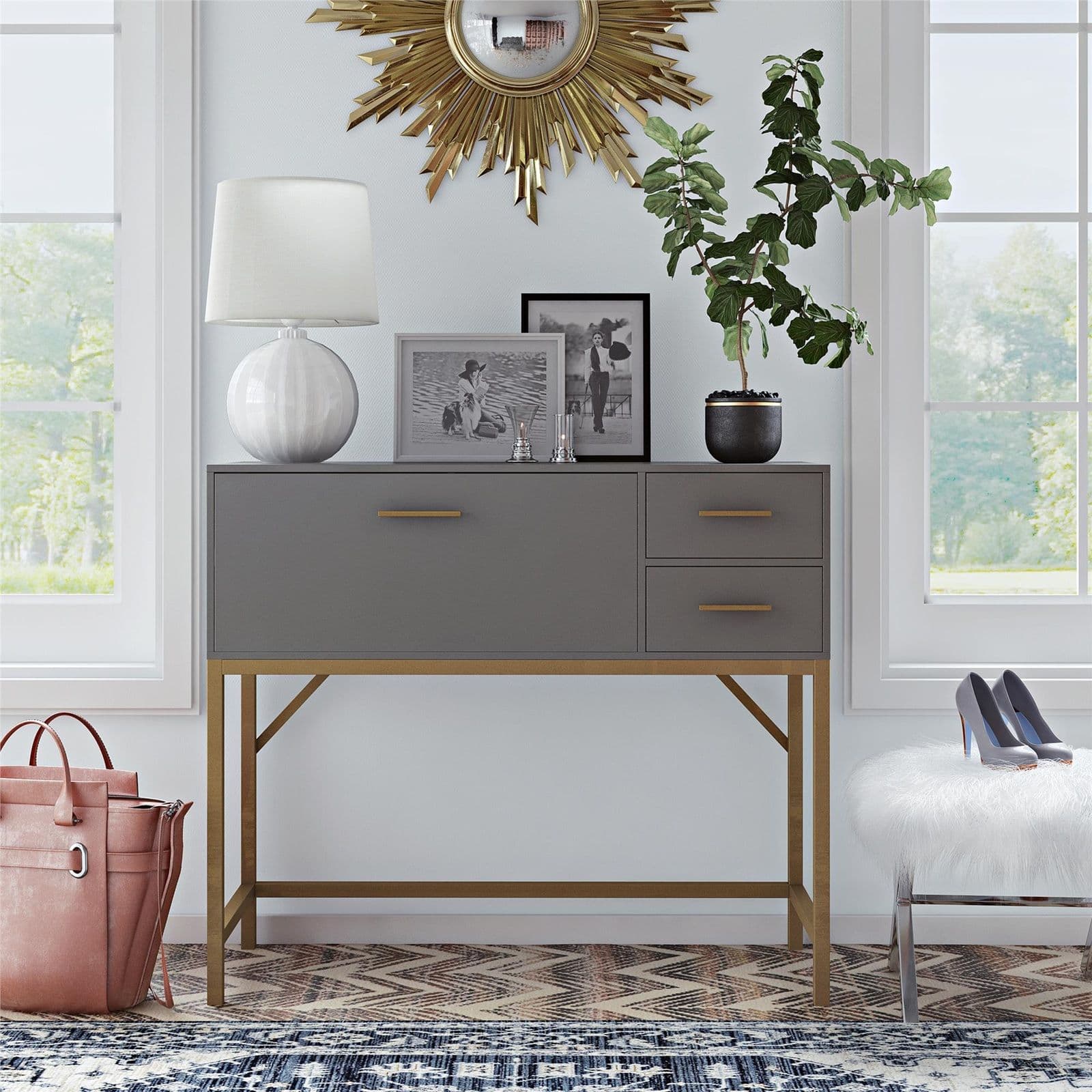 Wooden Lennon Console Bar Table Desk Unit Drawers