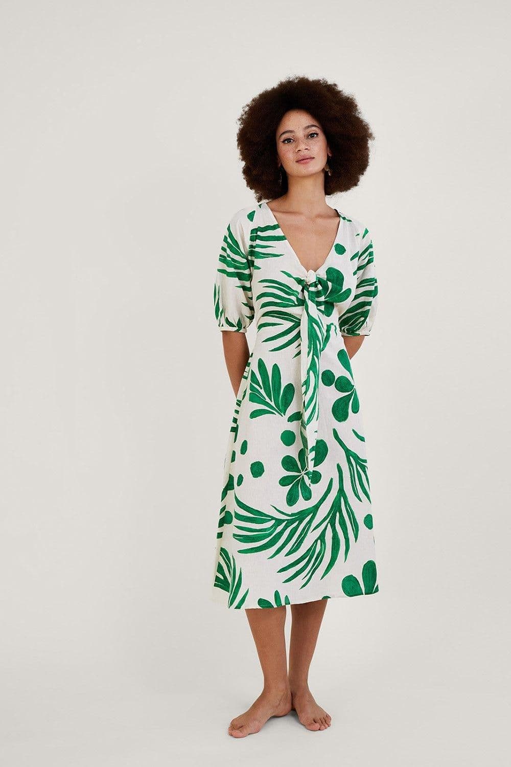 Abstract Palm Print Tie Front Midi Dress