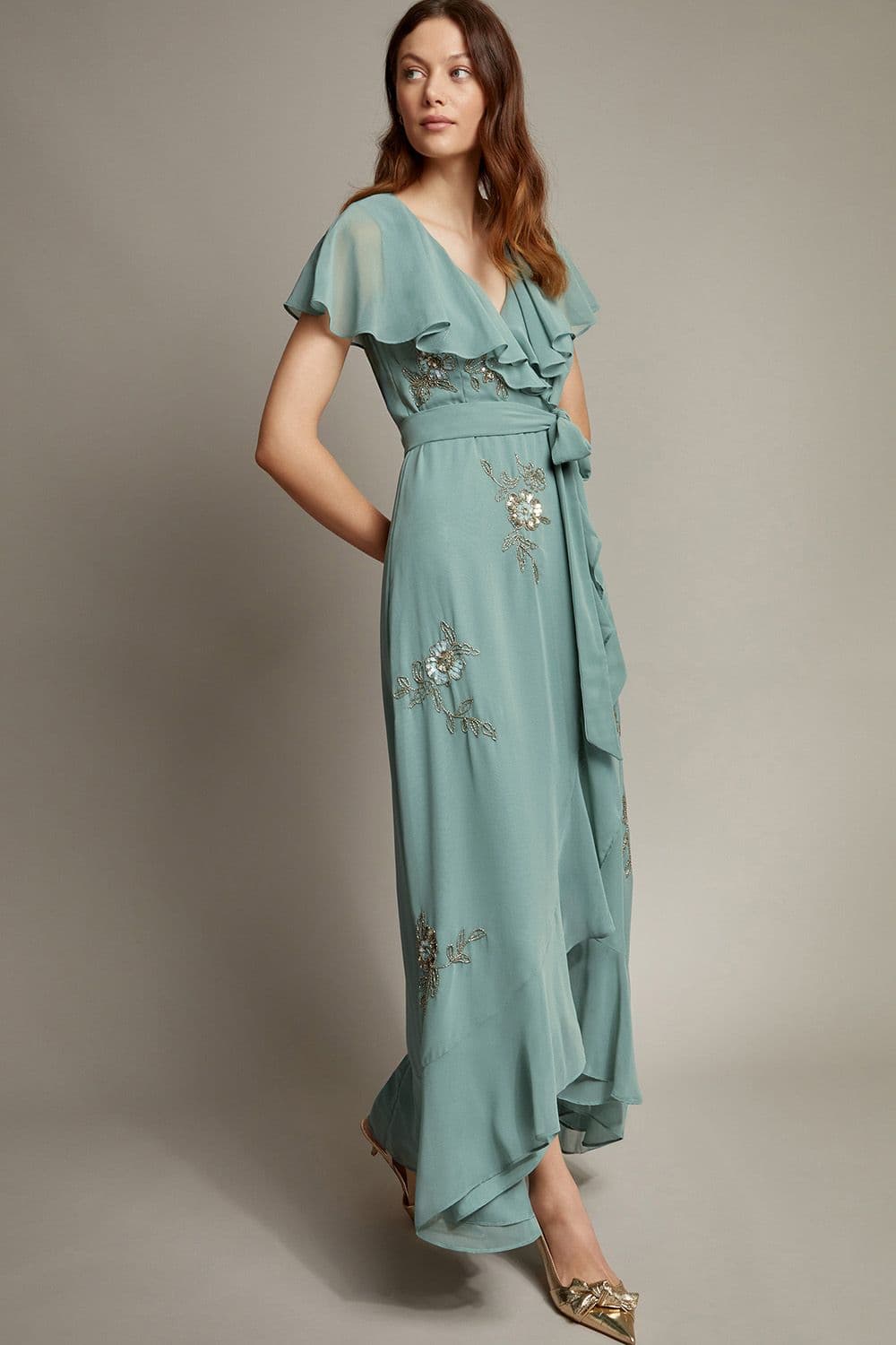 Ausha Floral Embellished Maxi Wrap Dress