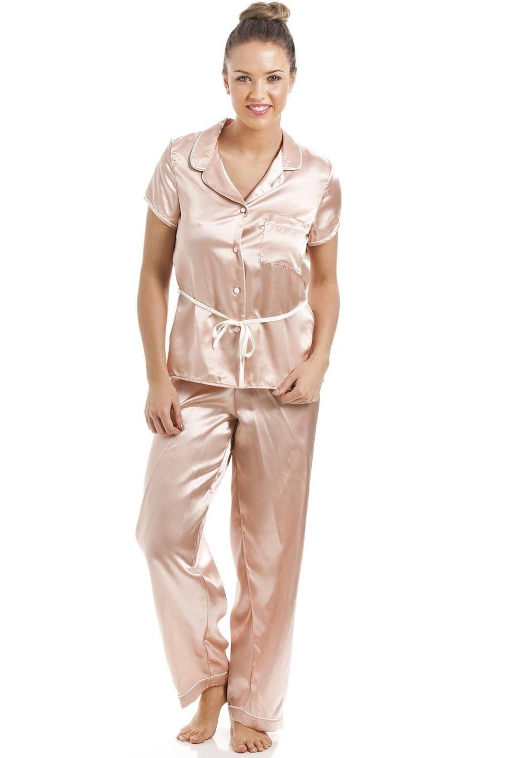 Short Sleeve Belted Satin Pyjama Set Pale