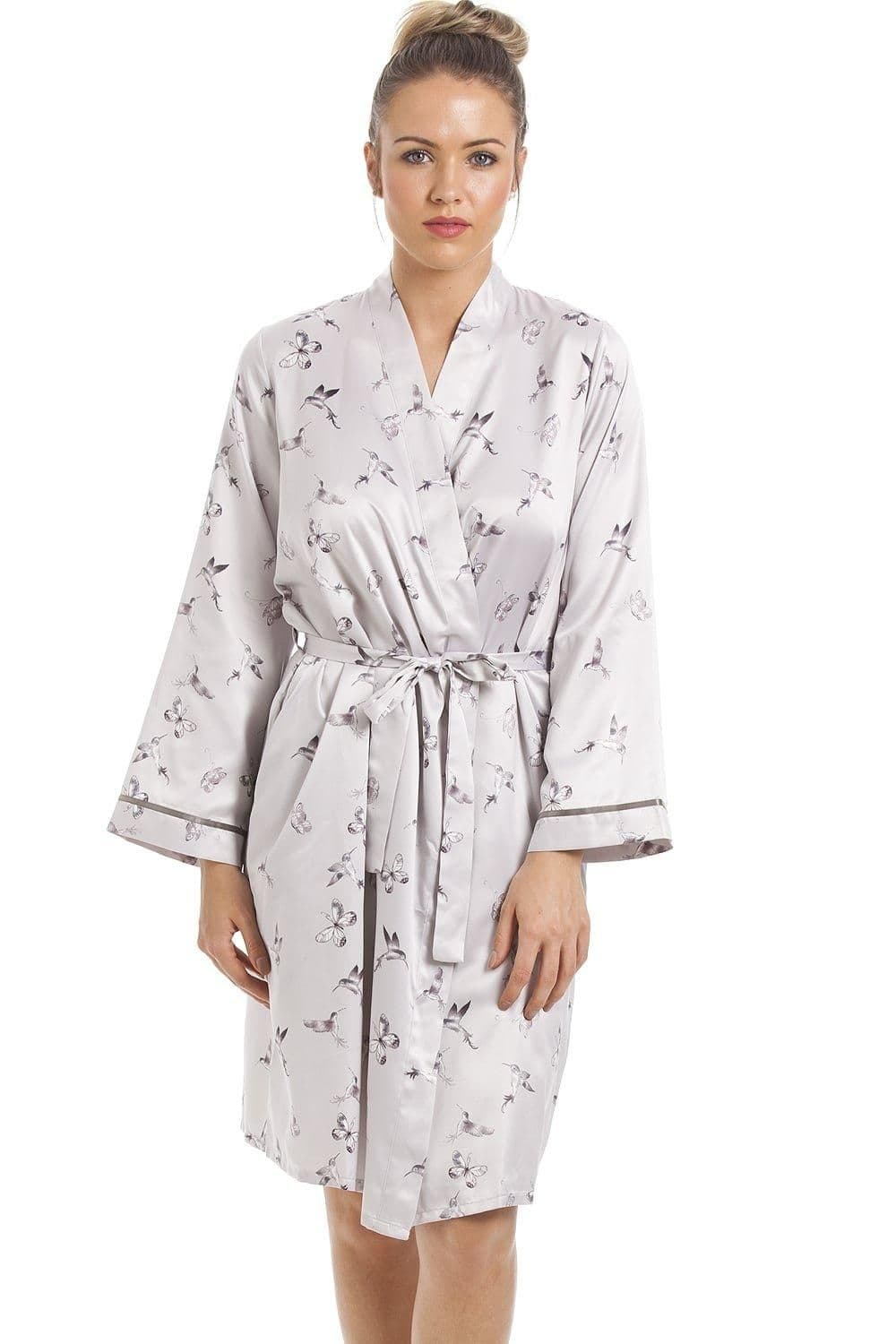 Humming Bird Butterfly Print Satin Kimono Wrap