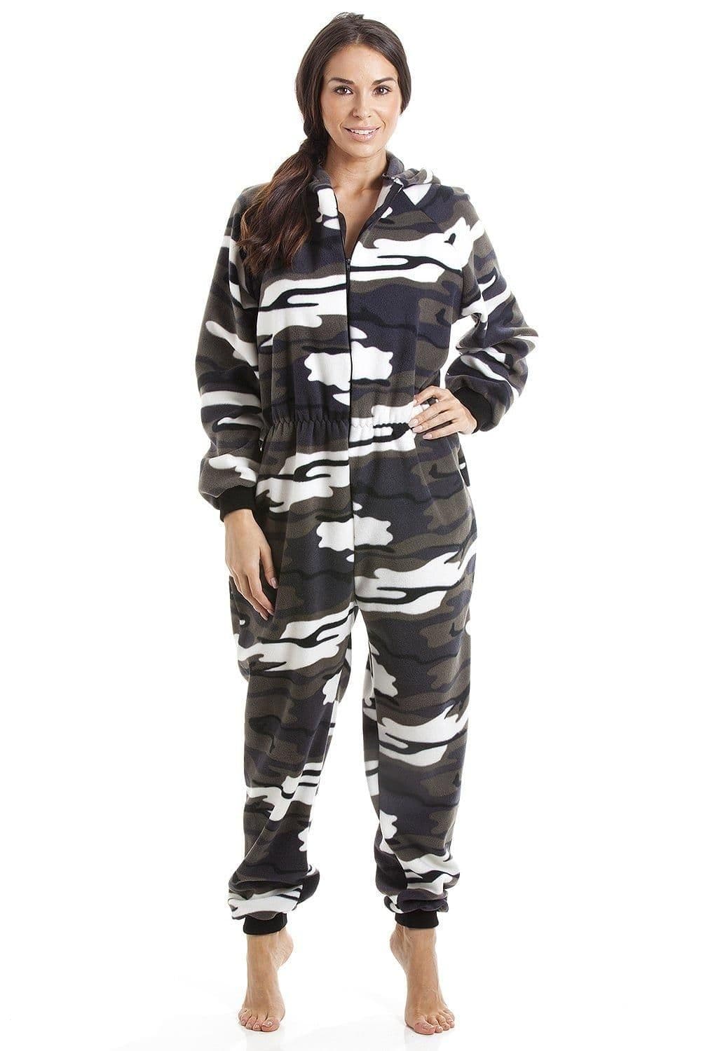 Snow Camouflage Supersoft Fleece Zip Front Hooded Onesie
