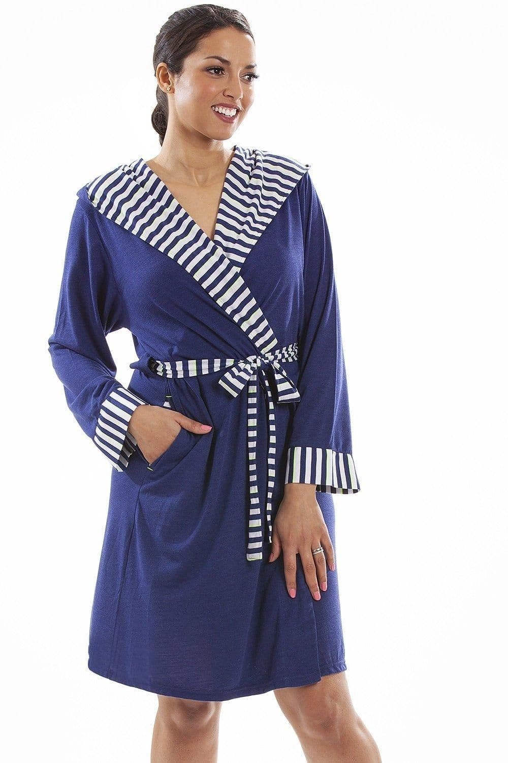 Lightweight Knee Length Striped Hooded Dressing Gown