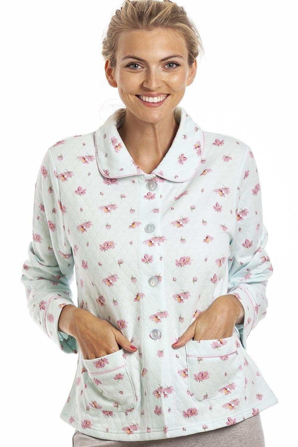 Button Up Mock Quilted Floral Bed Jacket