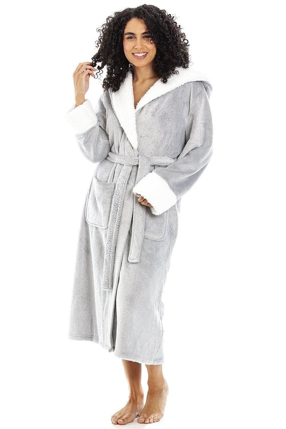 Deep Pile Full Length Fleece Bathrobe Sherpa Lined Hood & Cuffs