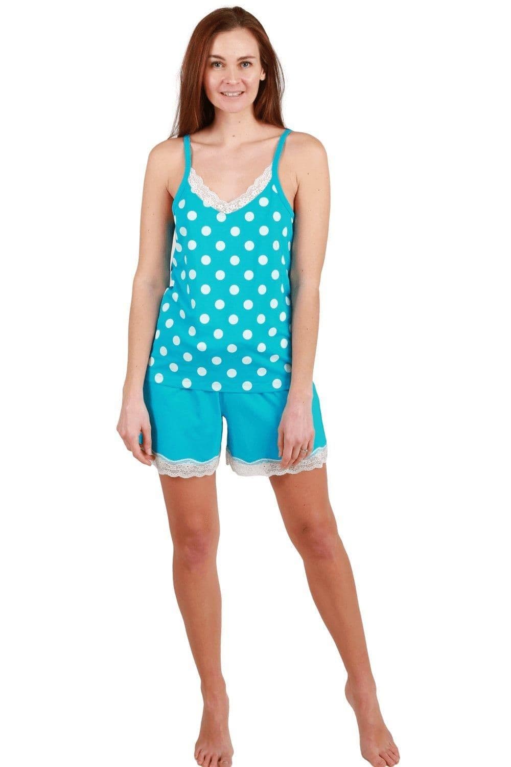 Lightweight 100% Cotton Spot Printed Sleeveless Top Pyjama Set Lace Detailing