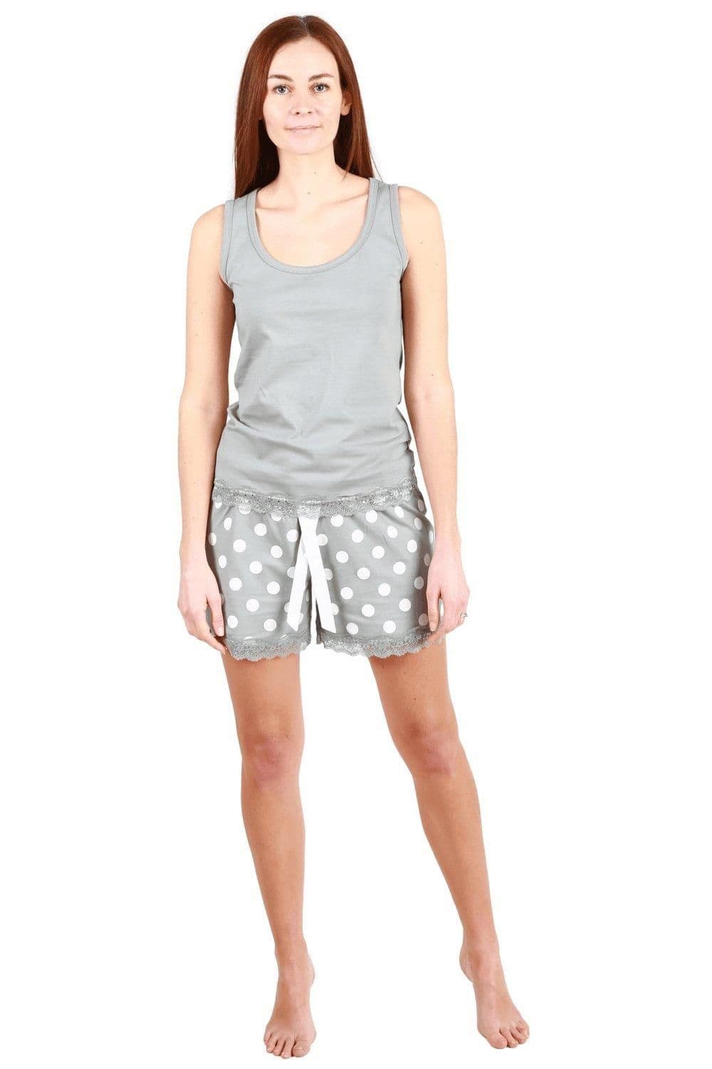 Lightweight 100% Cotton Plain Sleeveless Top Pyjama Set Lace Detailing