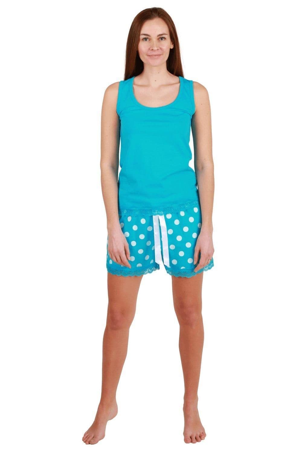 Lightweight 100% Cotton Plain Sleeveless Top Pyjama Set Lace Detailing