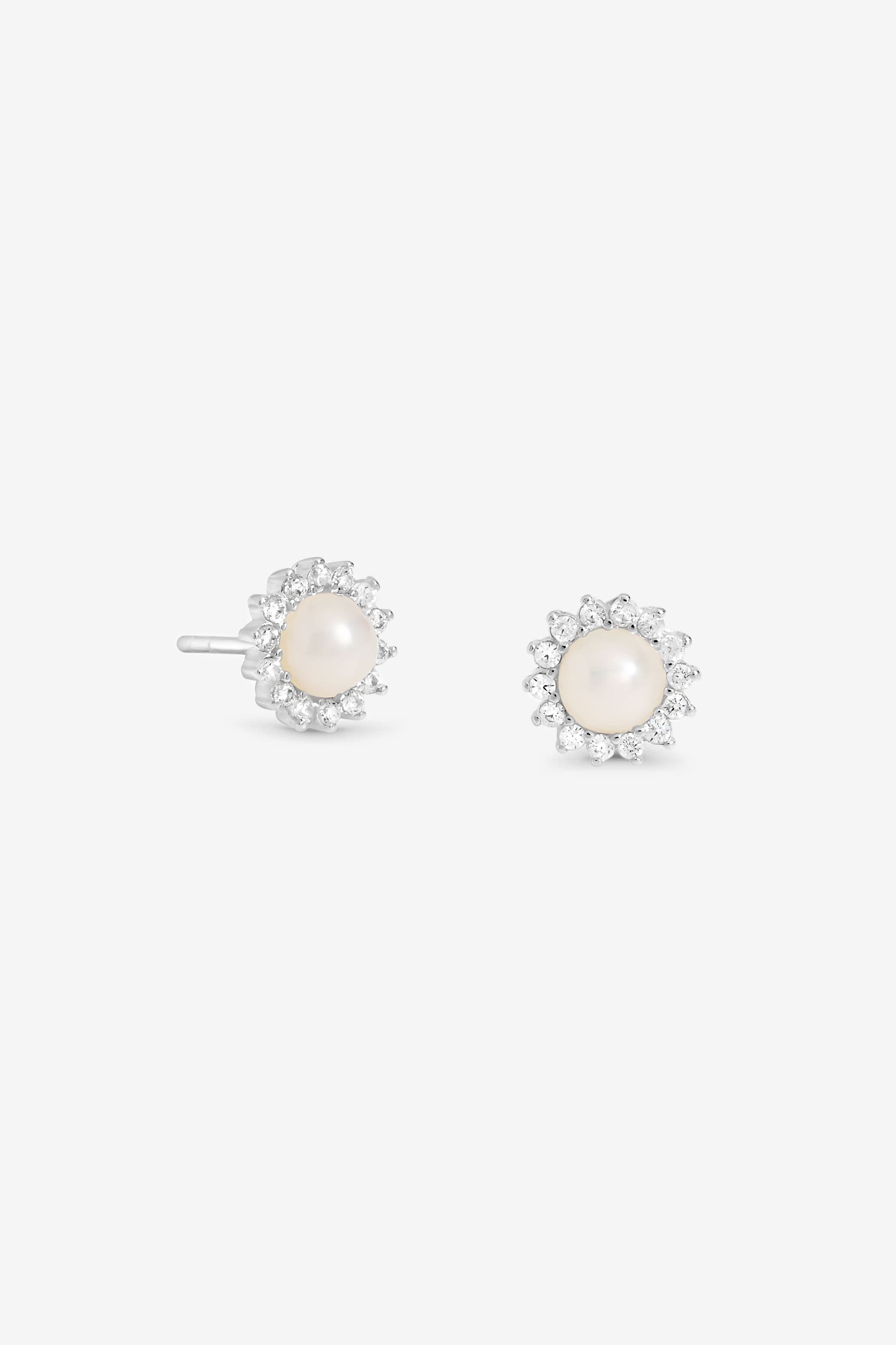 Sterling 925 Freshwater Pearl Cubic Zirconia Halo Stud Earrings