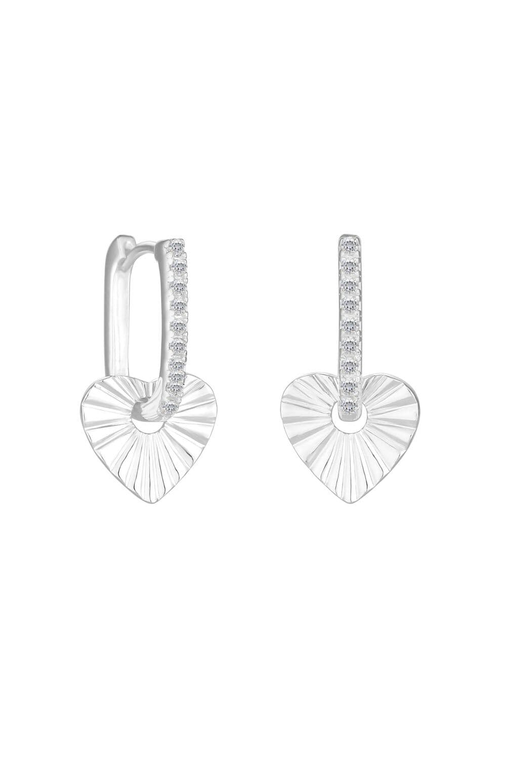 Sterling 925 Polished Pave Heart Charm Hoop Earrings