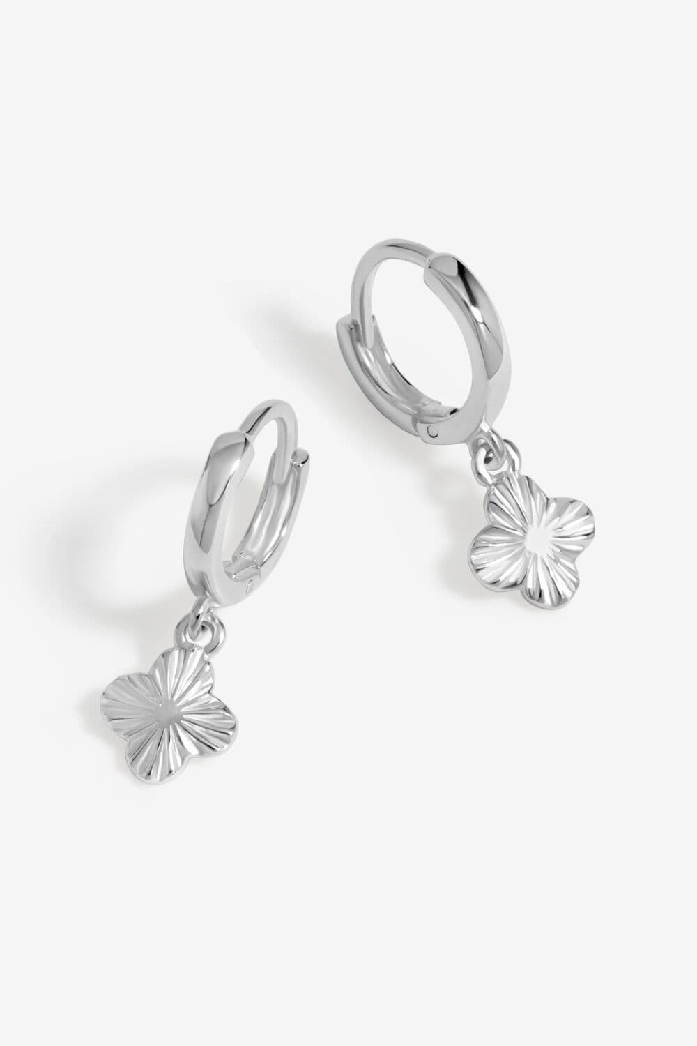 Sterling 925 Polished Diamond Cut Clover Charm Hoop Earrings