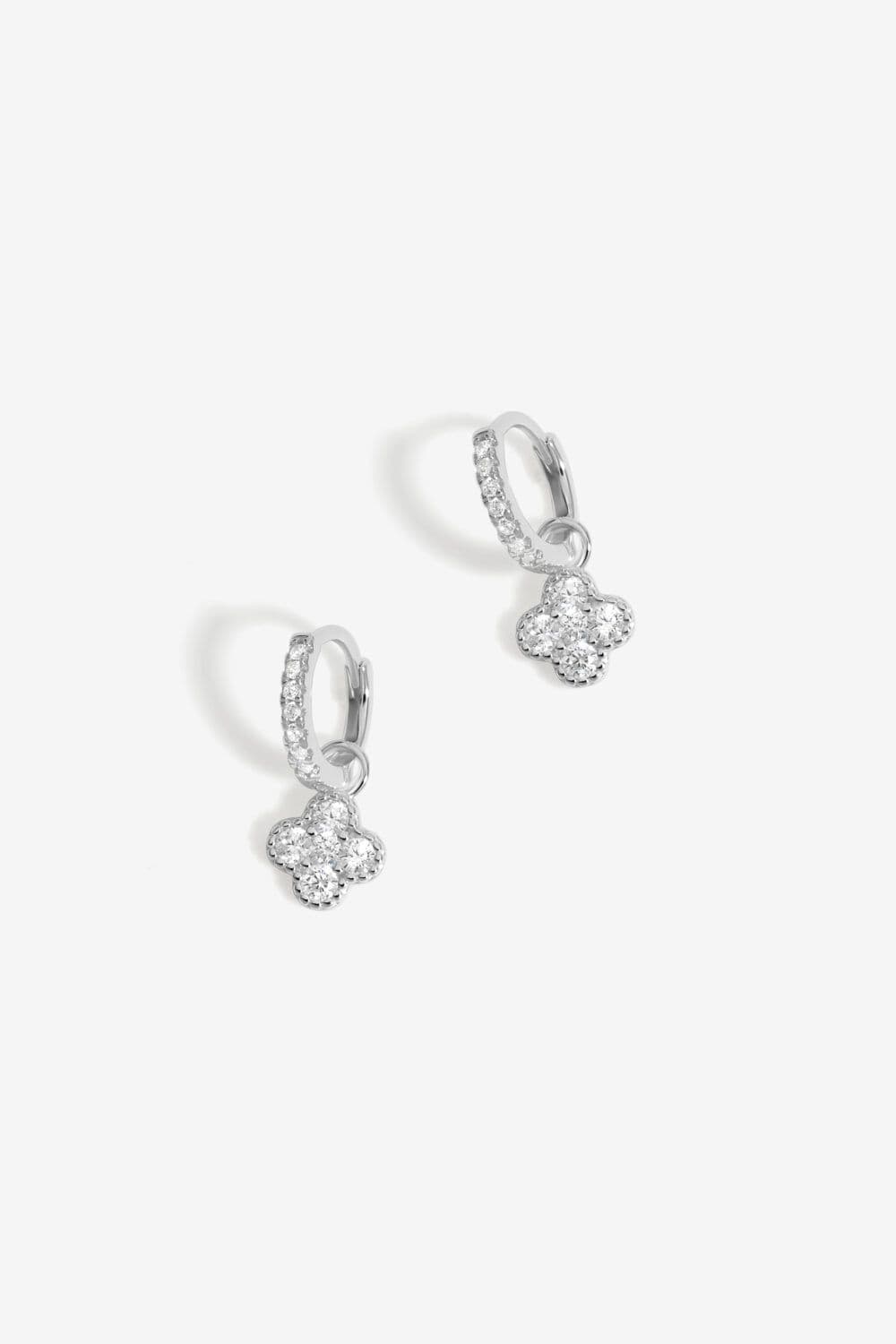 Sterling 925 Polished Cubic Zirconia Pave Clover Charm Hoop Earrings