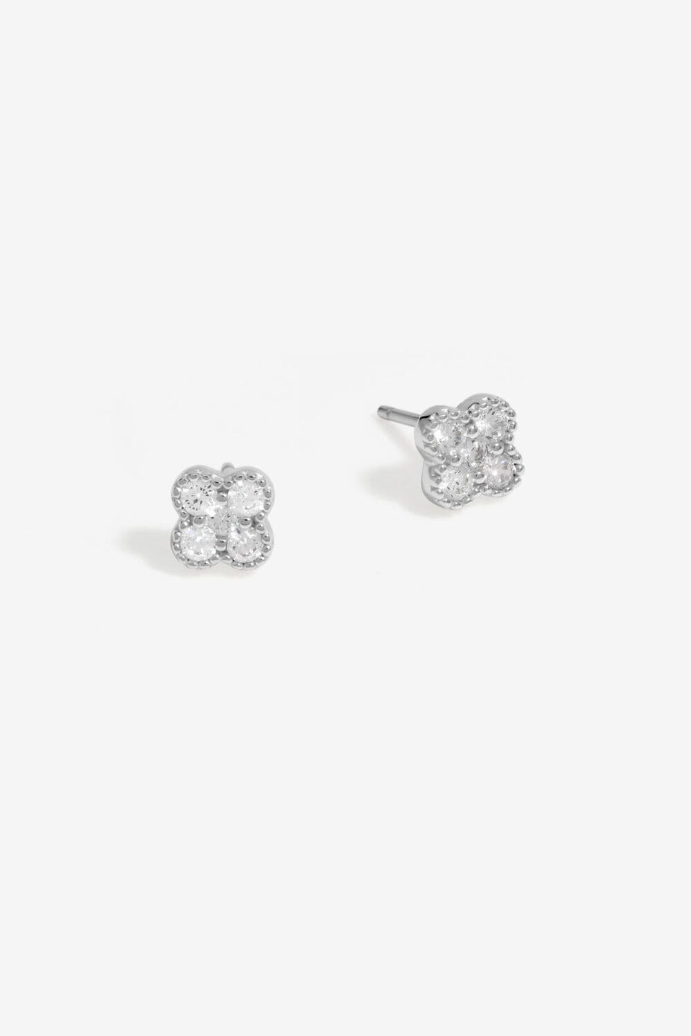 Sterling 925 Polished Cubic Zirconia Pave Clover Stud Earrings