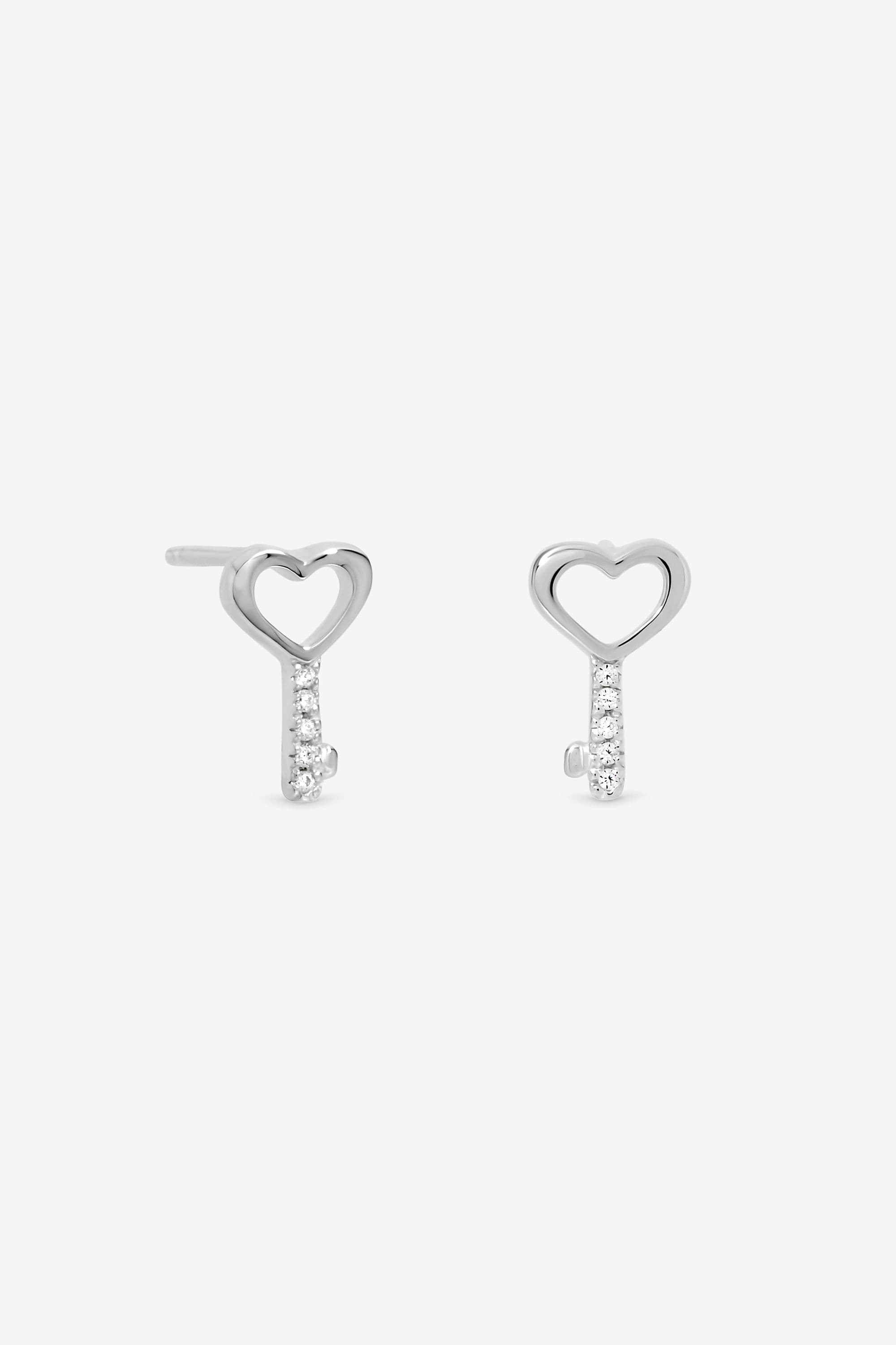 Sterling 925 Polished Heart Key Stud Earrings