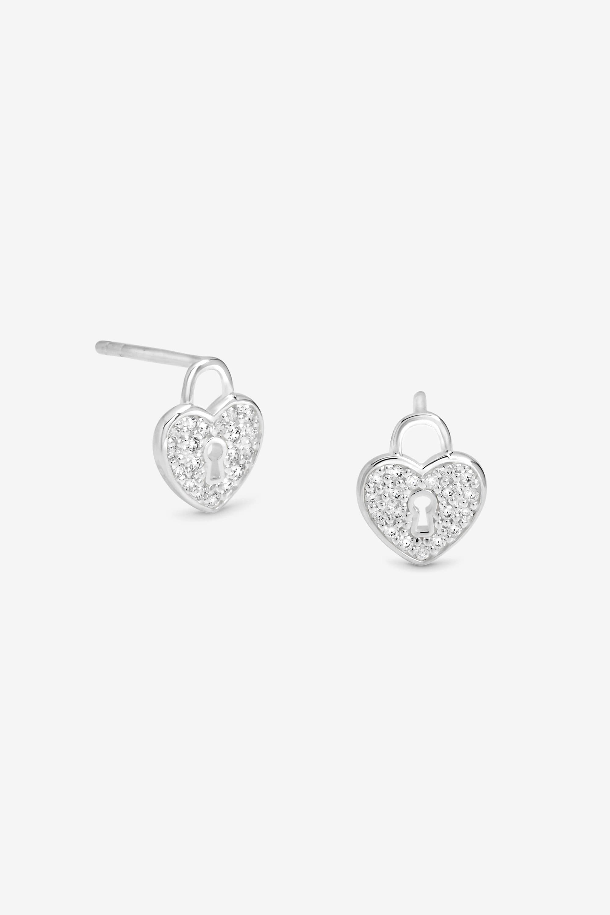 Sterling 925 Pave Padlock Heart Stud Earrings
