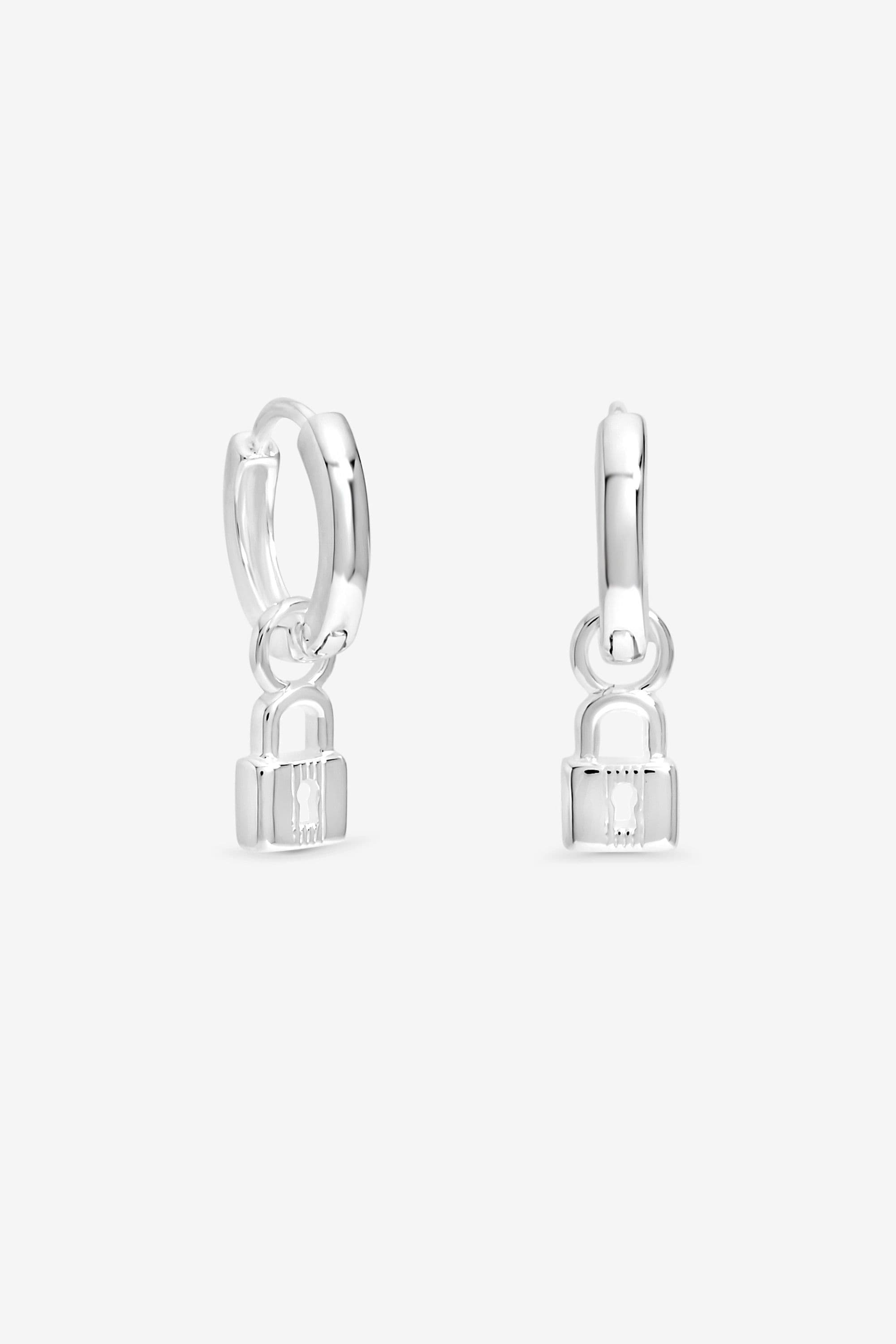 Sterling 925 Polished Padlock Charm Hoop Earrings