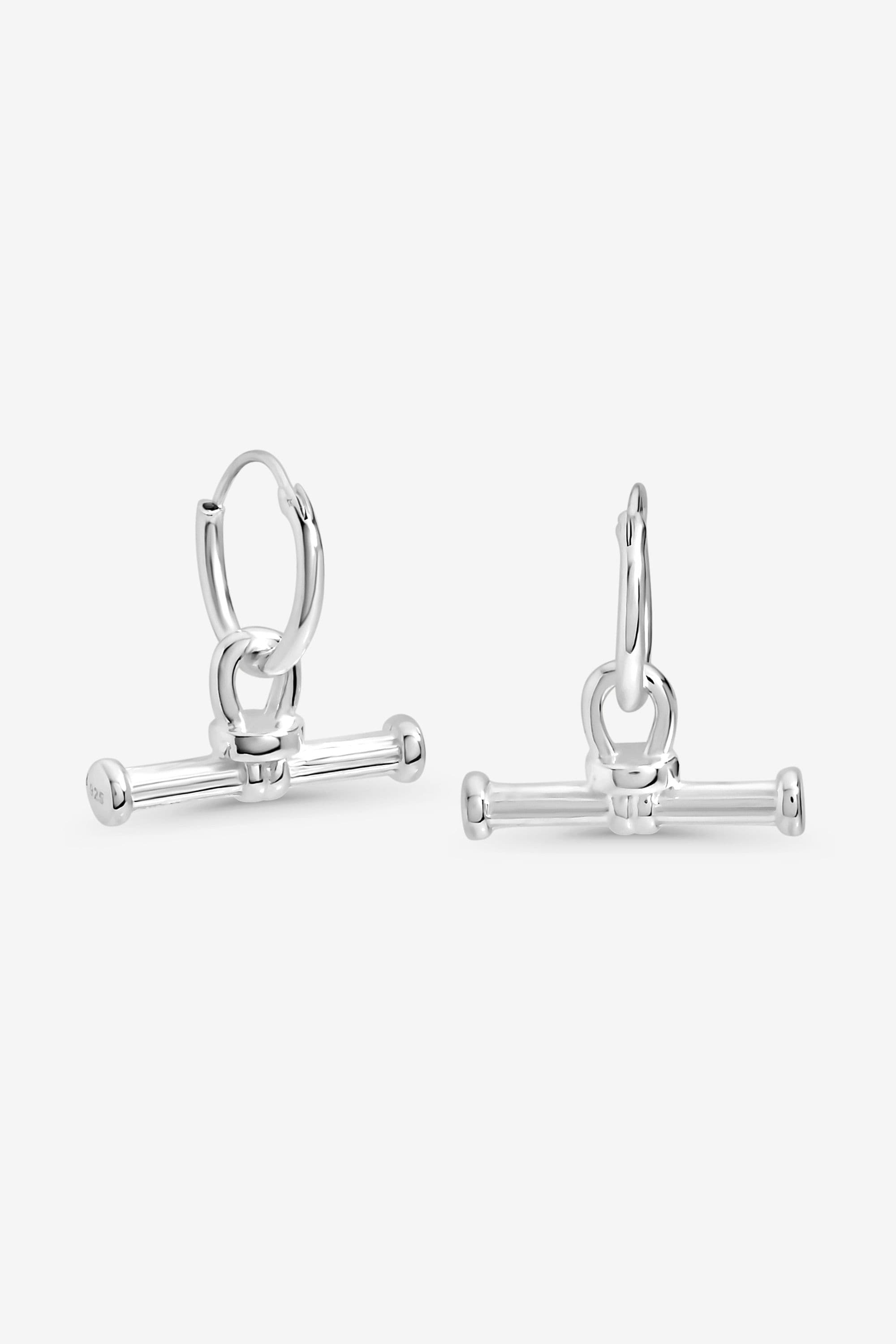 Sterling 925 Polished Textured T Bar Hoop Earrings