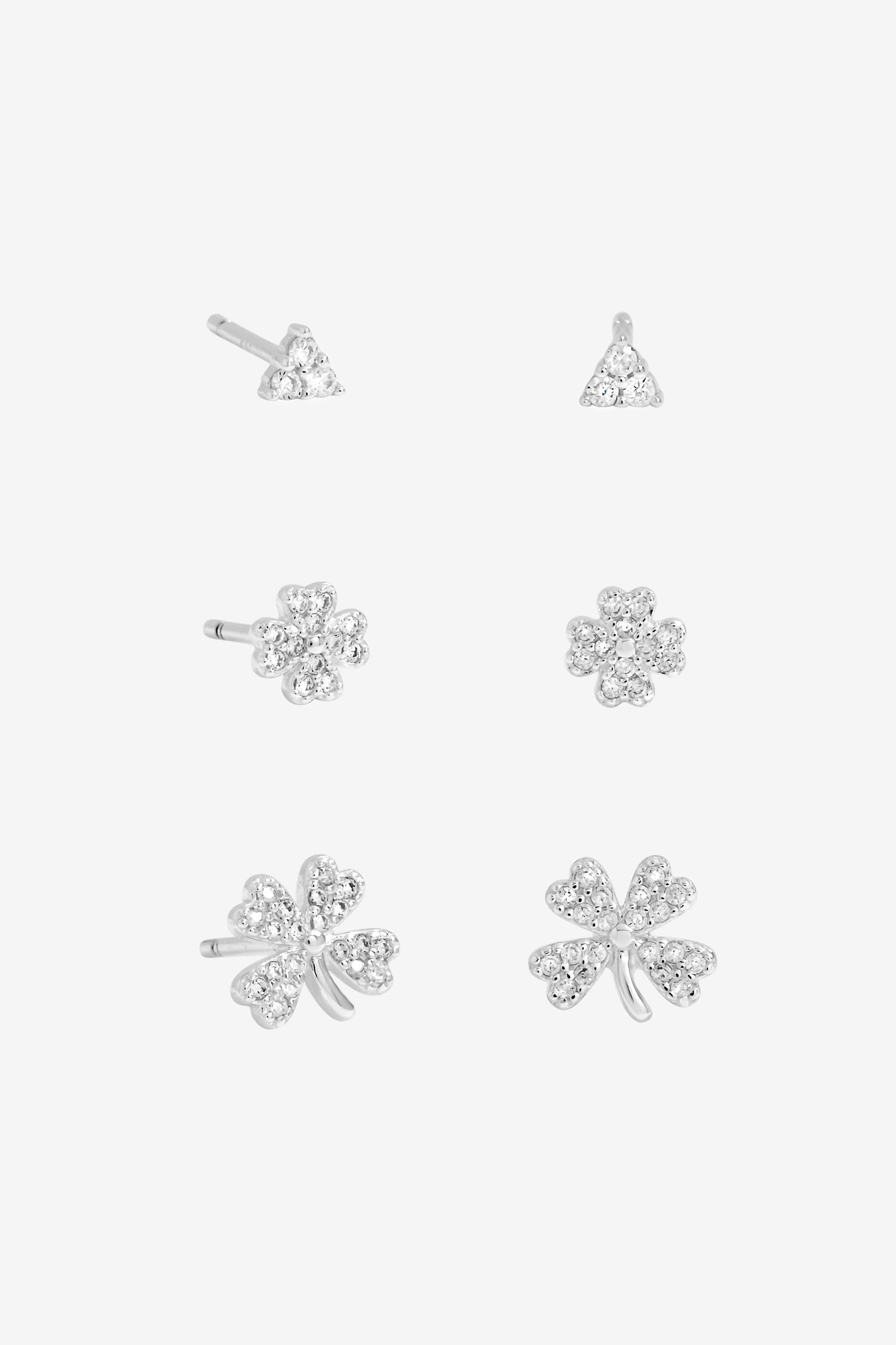 Sterling 925 Polished & Cubic Zirconia Clover Earrings Pack 3