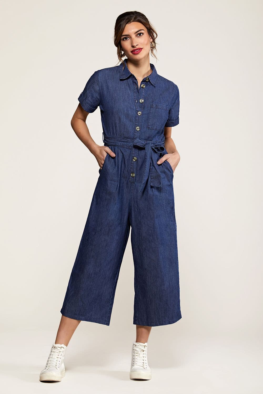 Yumi Women's Navy Cotton Denim Jumpsuit in Blue | Size: 10