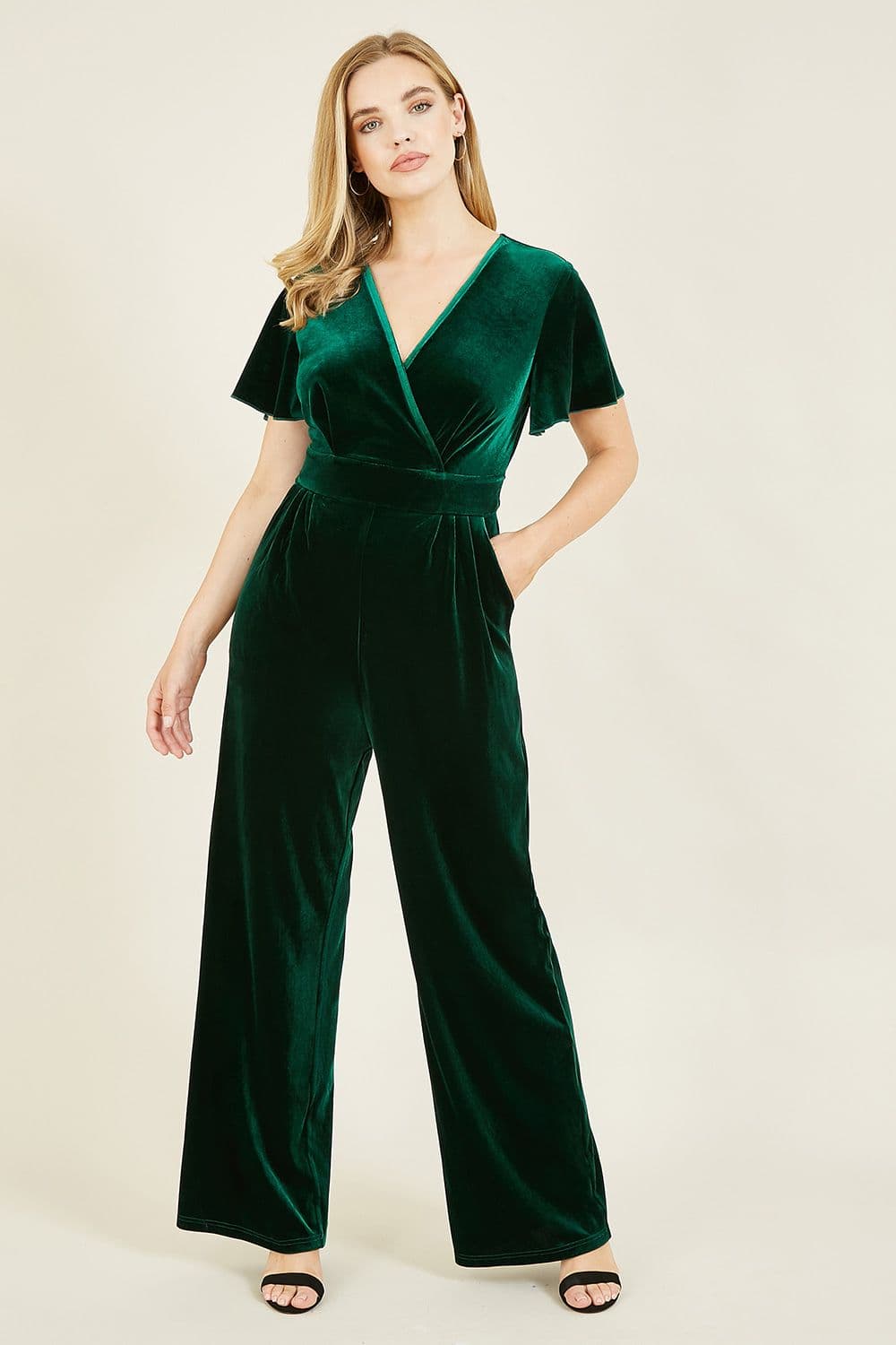 Yumi Women's Green Angel Sleeve Velvet Jumpsuit | Size: 10