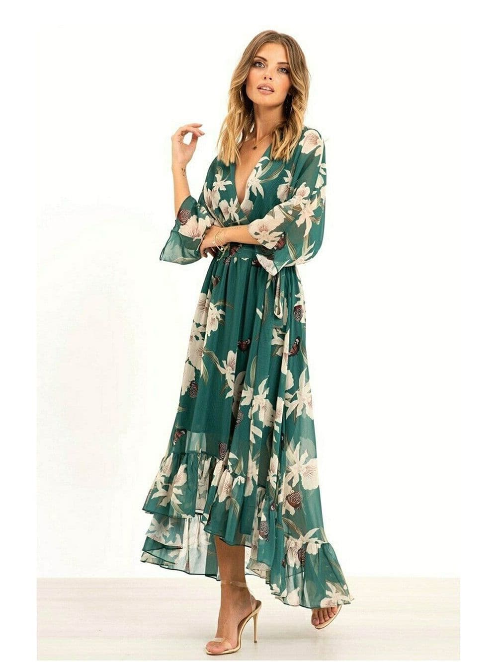 Yumi Women's Green Floral Kimono Sleeves Dip Hem Wrap Midi Dress | Size: 22