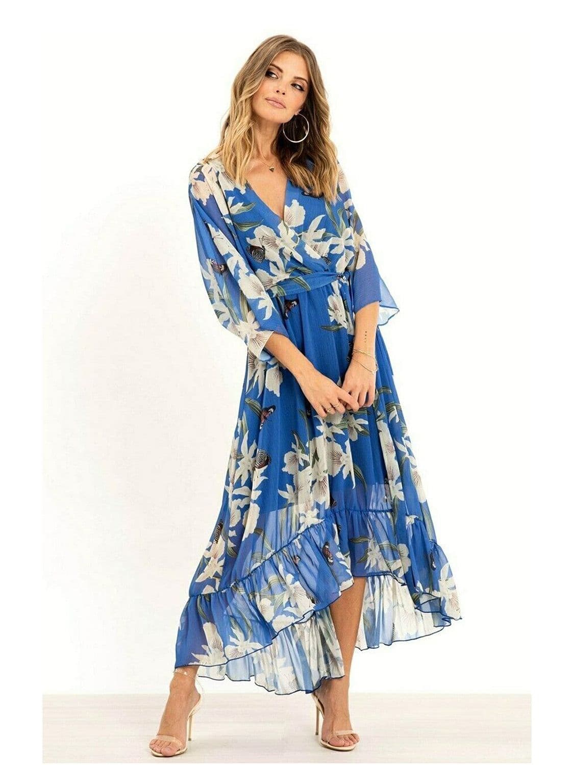 Blue Floral Kimono Sleeves Dip Hem Wrap Midi Dress