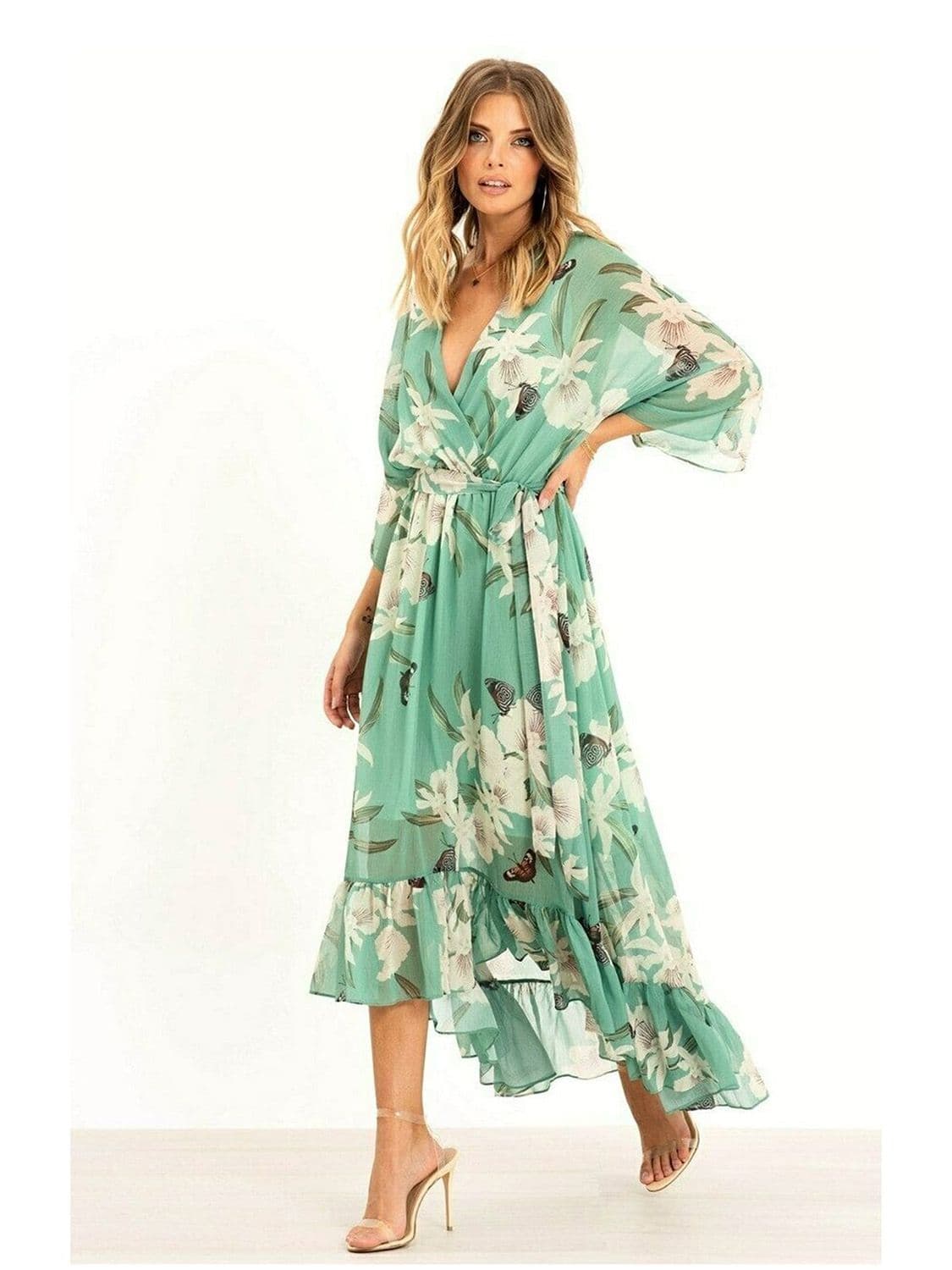 Mint Floral Kimono Sleeves Dip Hem Wrap Midi Dress