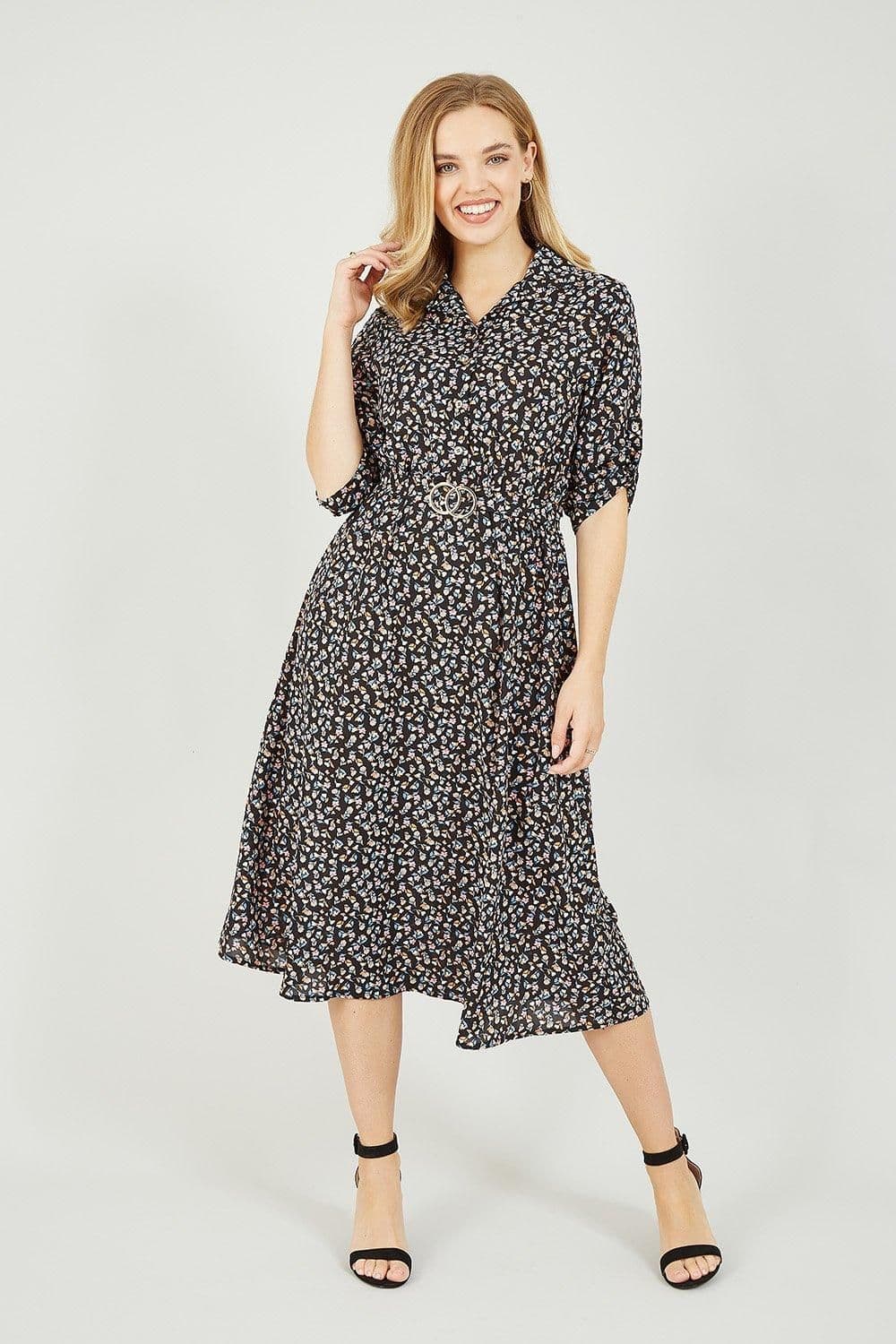 Cyanne Ditsy Midi Dress Gold Buckle