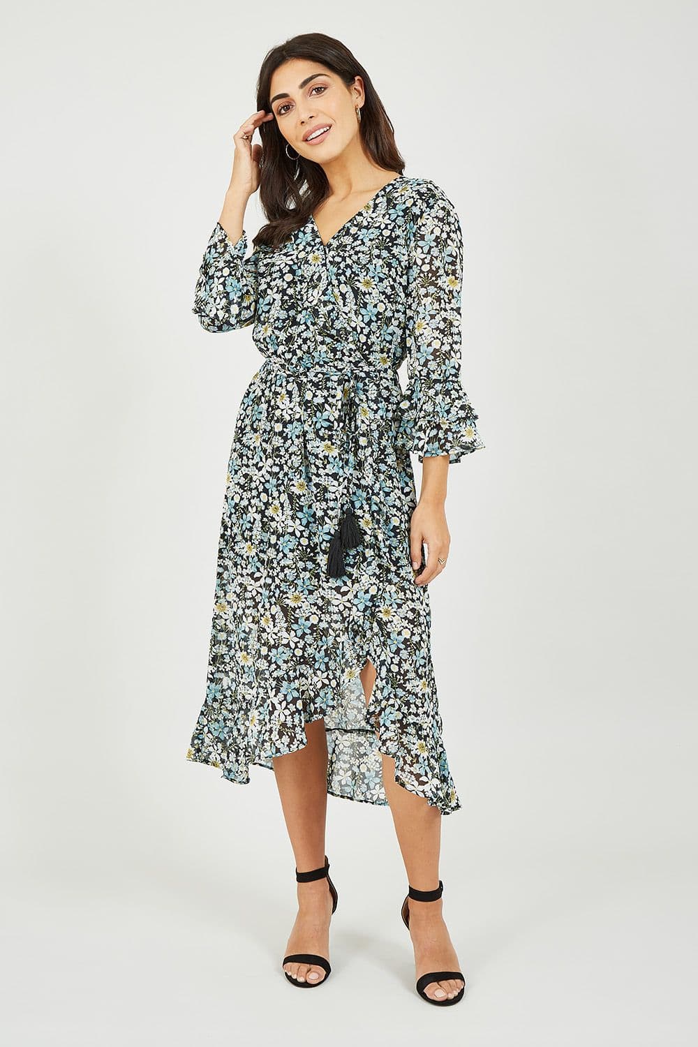 Black Recycled Vintage Meadow Floral Print Chiffon Midi Wrap