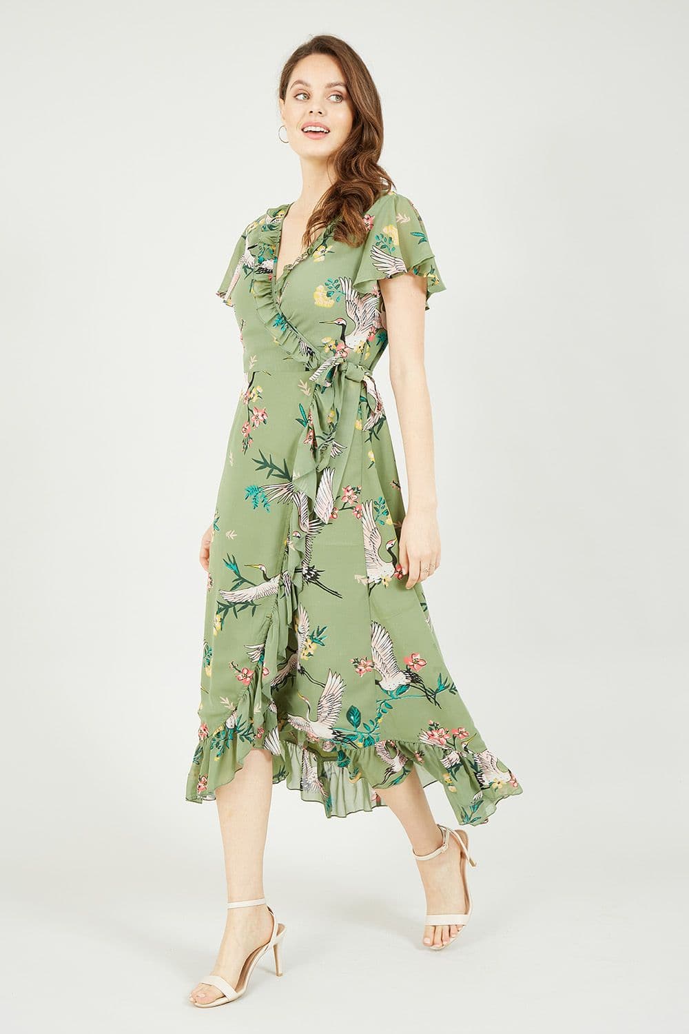 Green Frill Crane Wrap Midi Dress