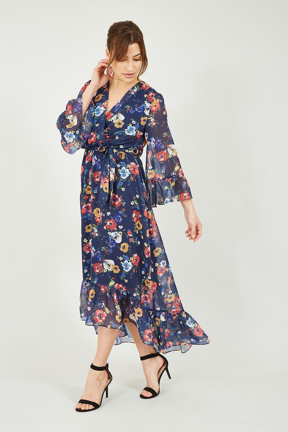 Navy Bird And Floral Print Wrap Dress