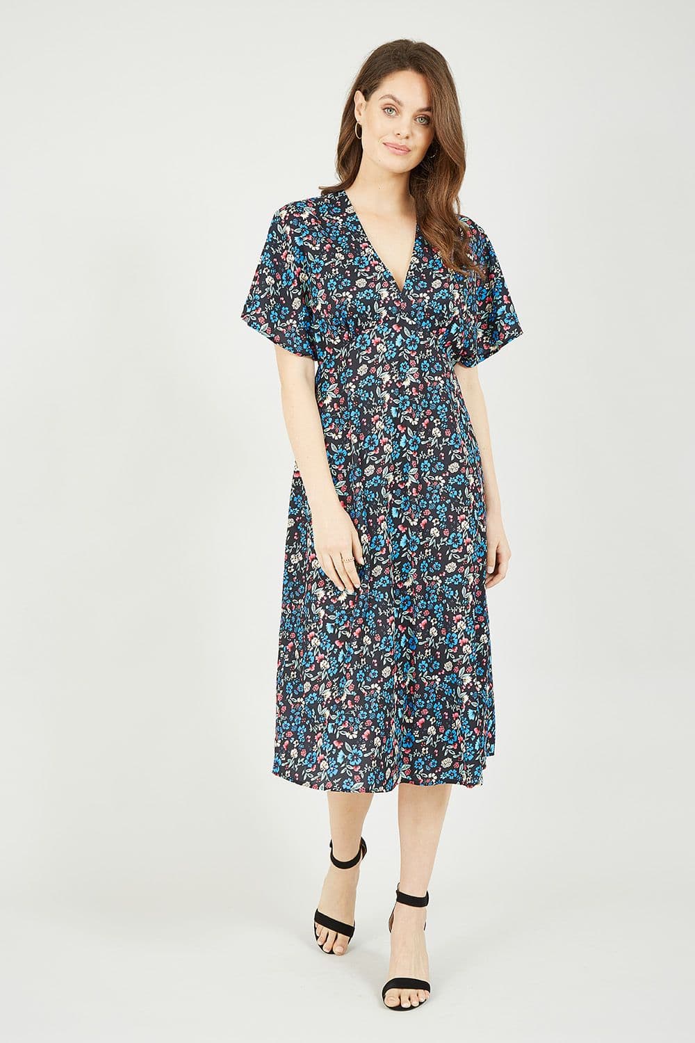 Blue Floral Print Kimono Midi Dress